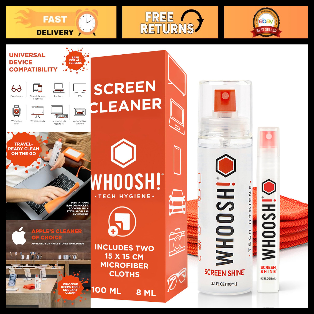 Screen Cleaner & Wipe Kit - 3.4oz + 0.3oz, Streak-Free, Anti-Static, Safe for Al