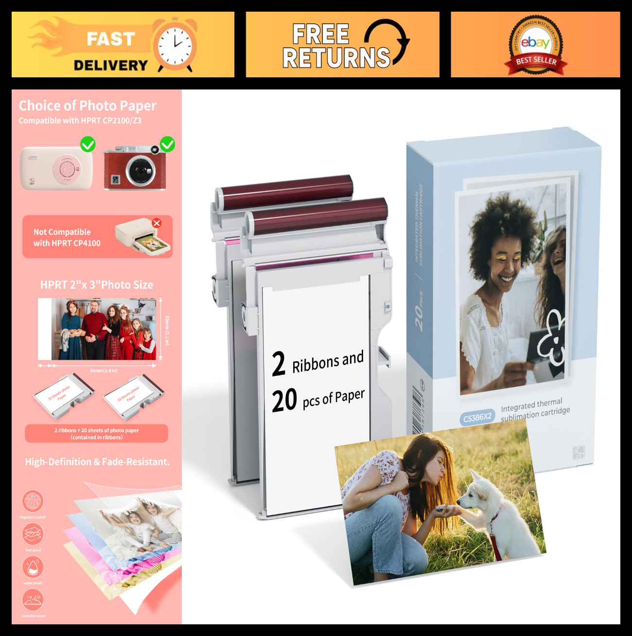 2x3" Photo Paper & Color Ribbon Cartridge Refill - 20 Sheets for Instant Prints