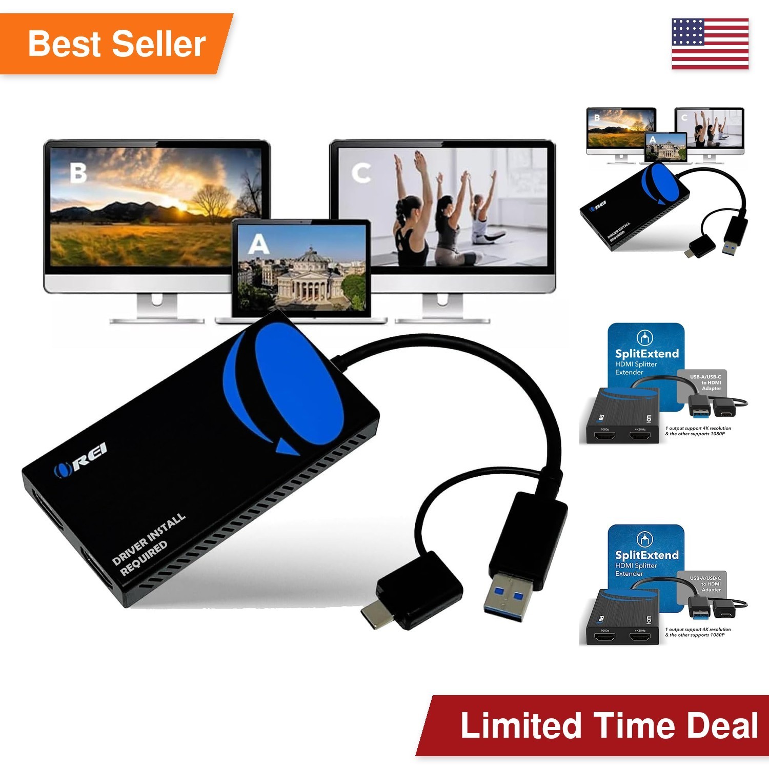 OREI SplitExtend HDMI Adapter Dual Monitor 4K@30Hz USB-A/C for Windows Mac