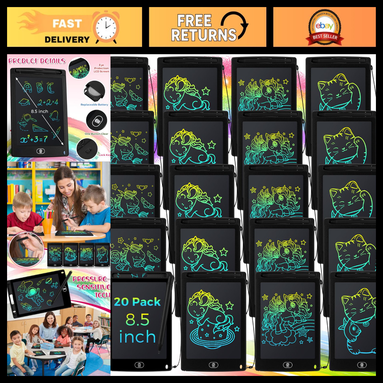 20 Pack 8.5" LCD Writing Tablets, Reusable Drawing Boards, Fun & Portable Kids'