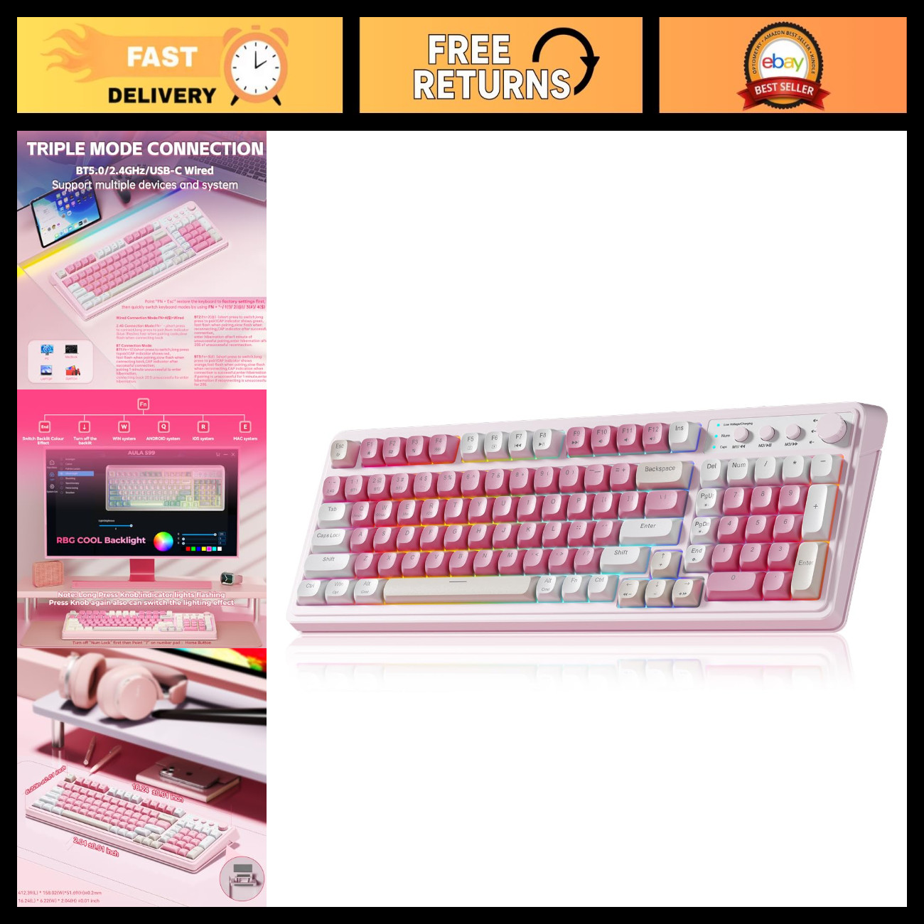 Wireless Pink Gaming Keyboard - 99 Keys, Number Pad, Creamy Design, Ergonomic
