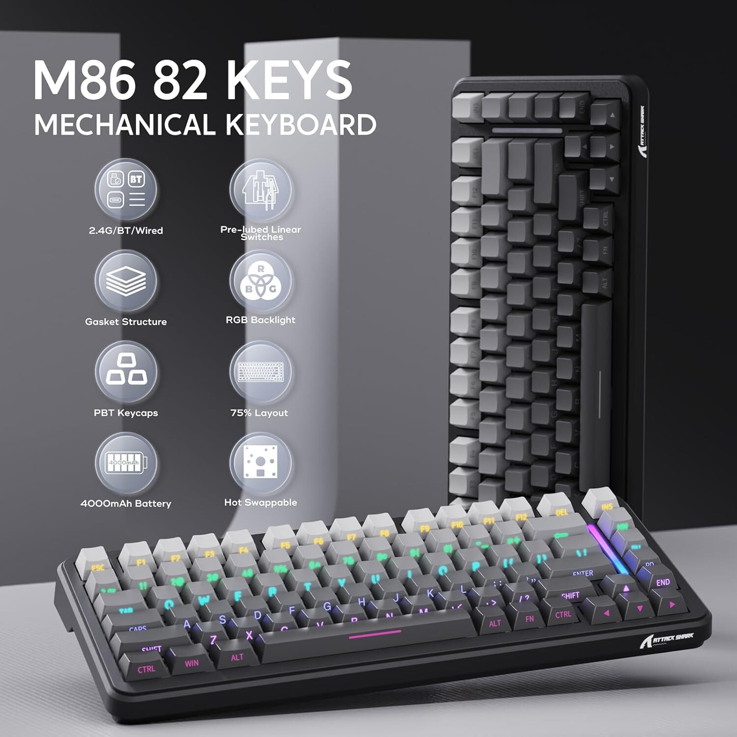ATTACK SHARK M86 Tri-mode Mechanical Hot-Swappable 4000mAh Battery Keyboard