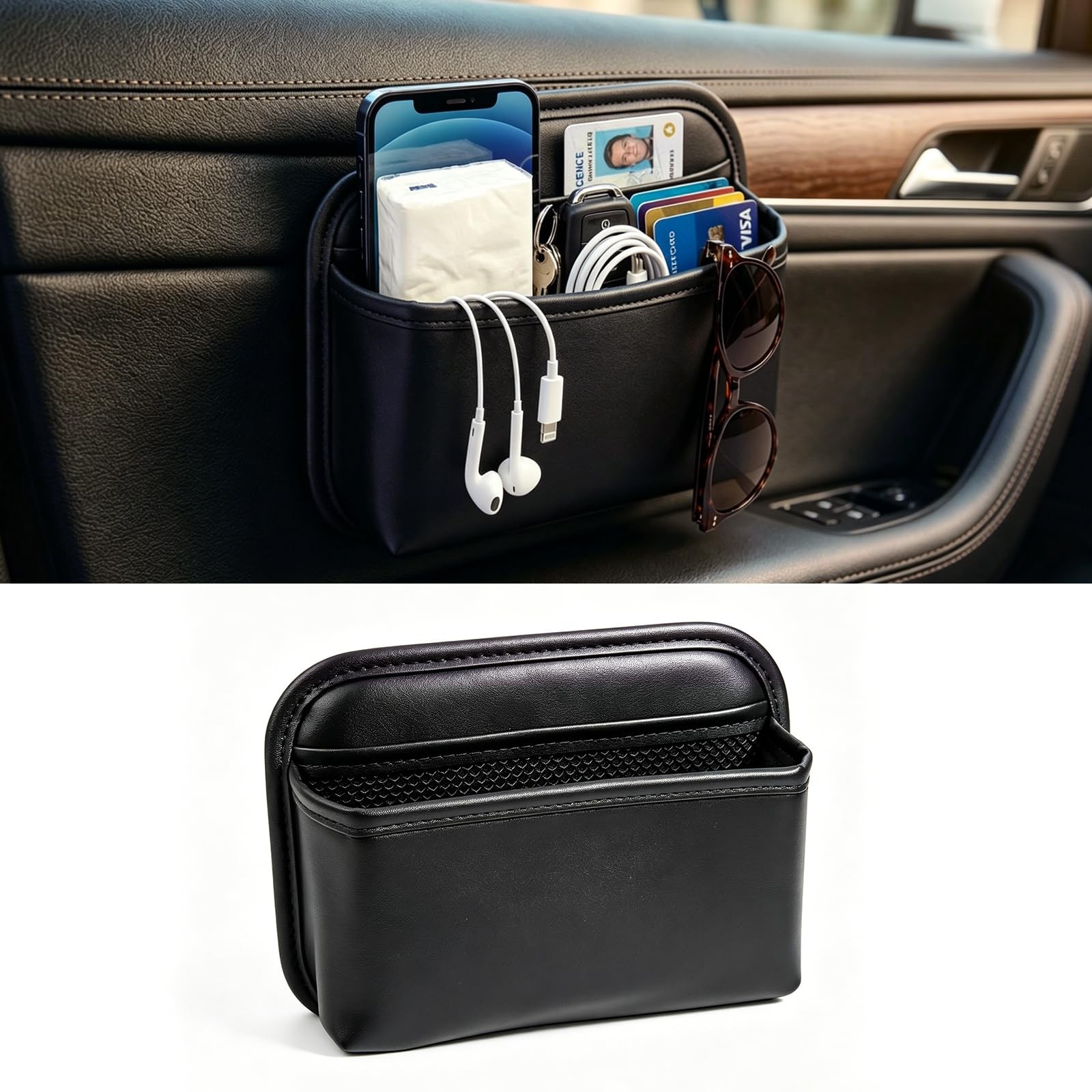 Car Door Side Organizer, Auto Seat Small PU Leather Adhesive Storage Pocket