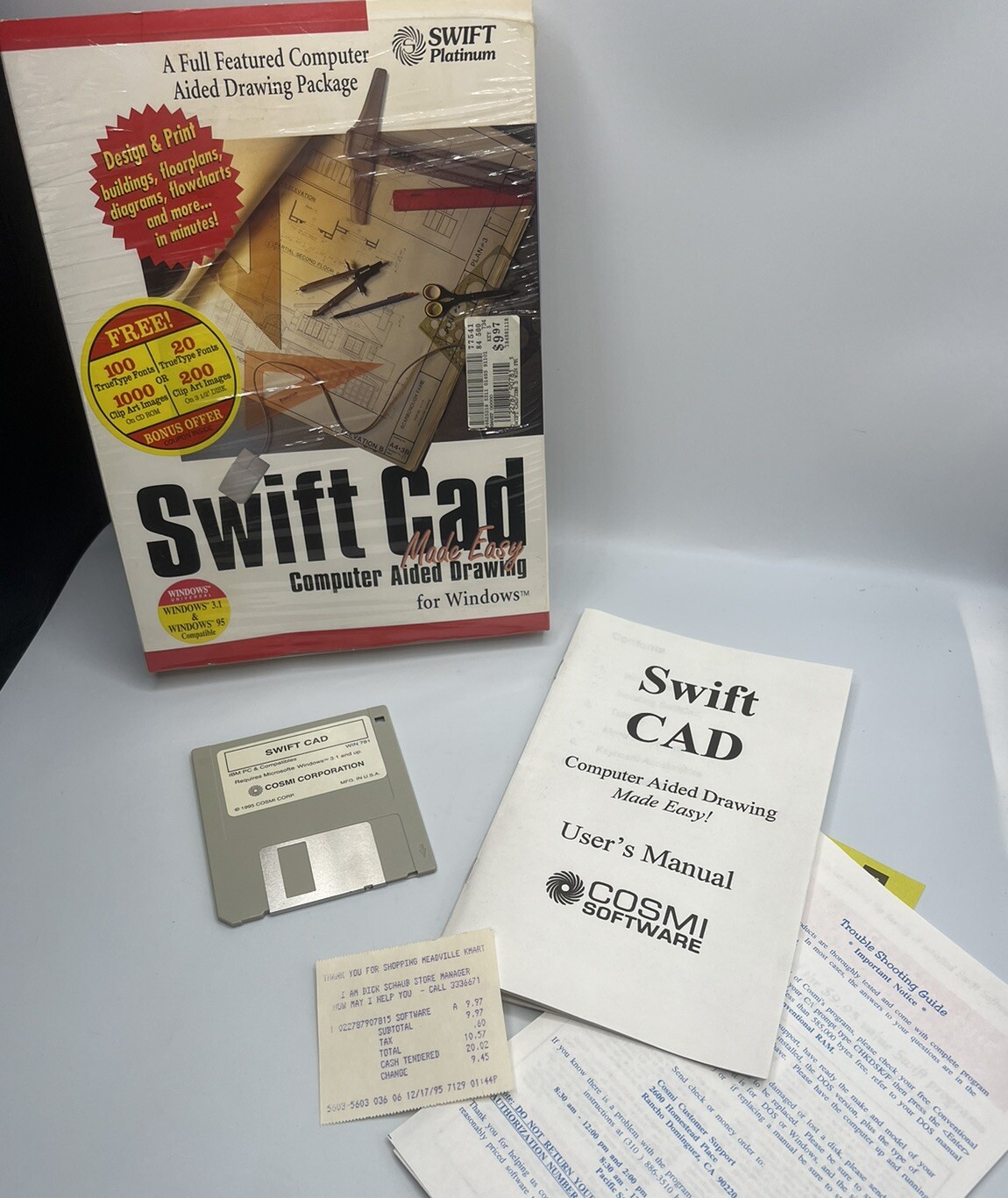Swift CAD Vintage Software 1995 Computer Aided Drawing For Windows 3.5” Disk