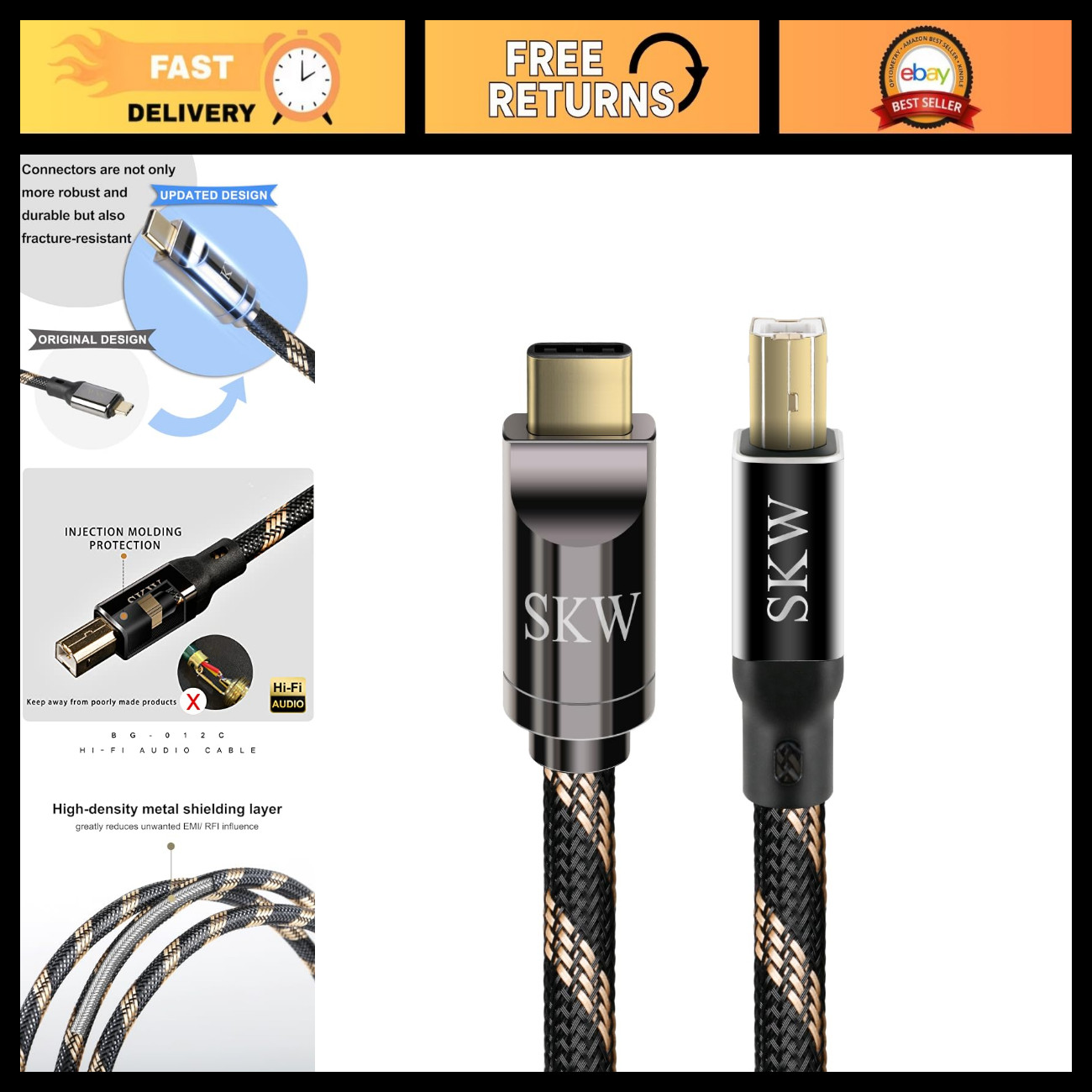 3.2ft USB C to USB B DAC Decoder Cable - Audiophile Quality, Double Shielded