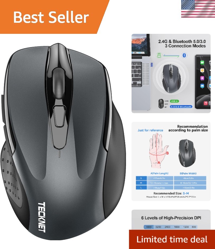 Ergonomic Wireless Mouse, 6 Buttons, Bluetooth 5.0/USB for Quiet Performance