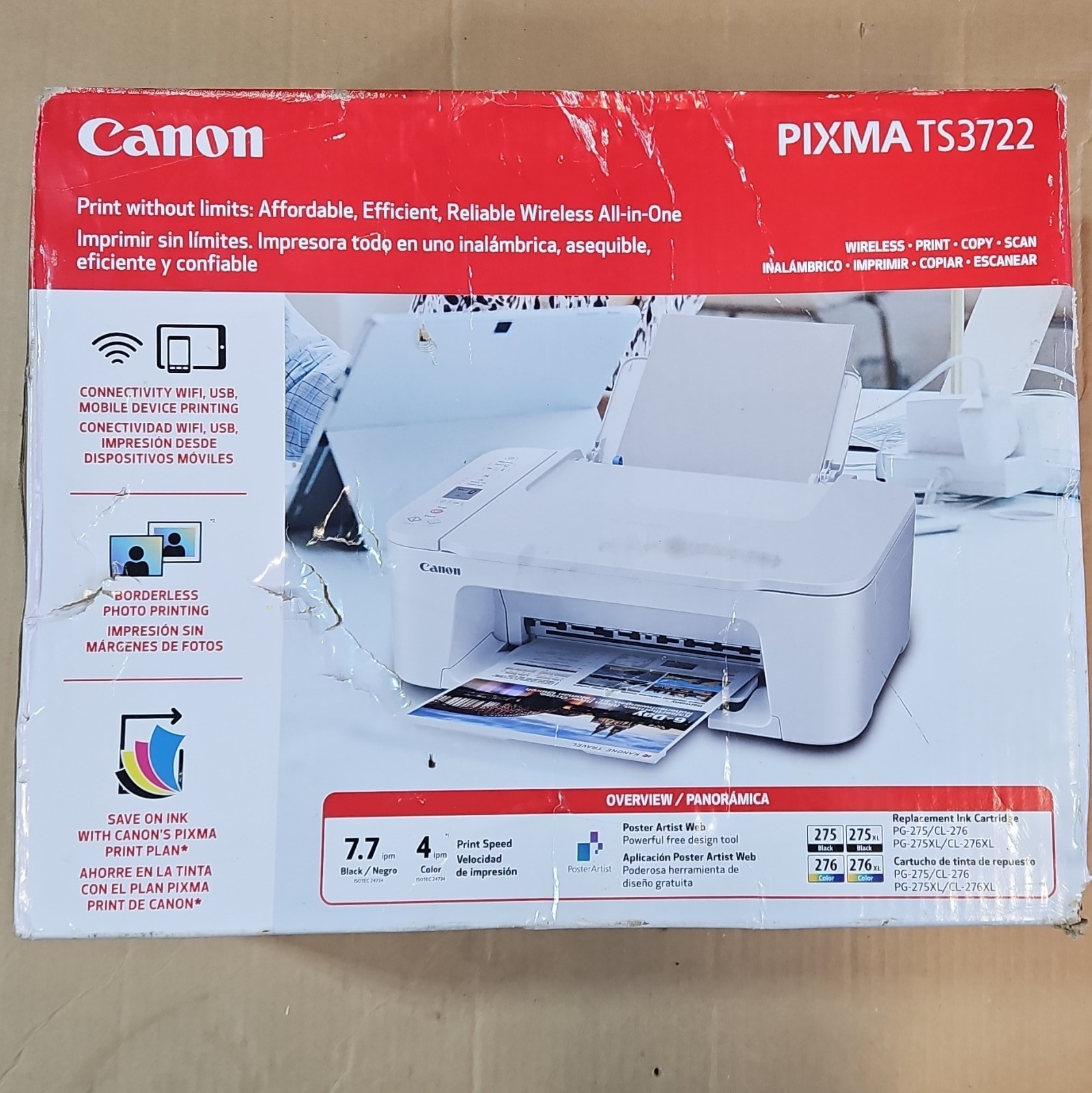 Canon Pixma TS3722 Wireless Color All-in-One Inkjet Printer, Copy Scan USB