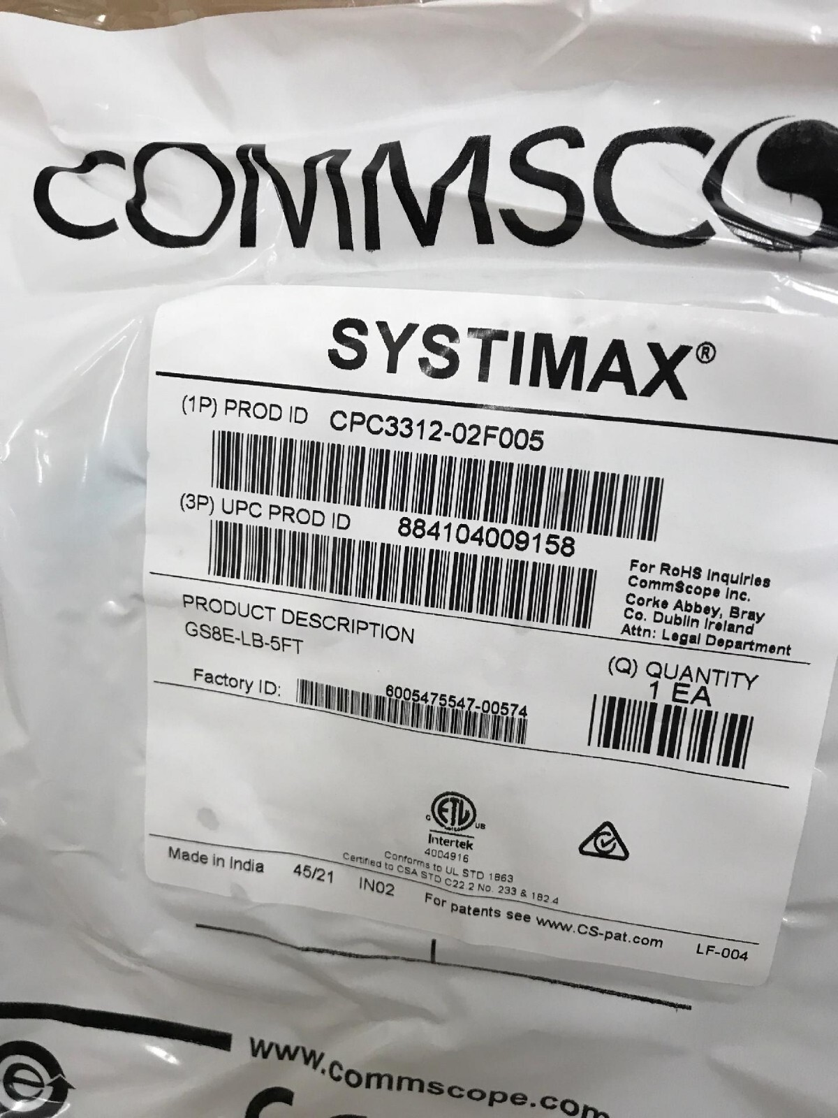  Commscope Systimax 5FT Ethernet U/UTP Modular Patch Cords GS8E-LB-5FT