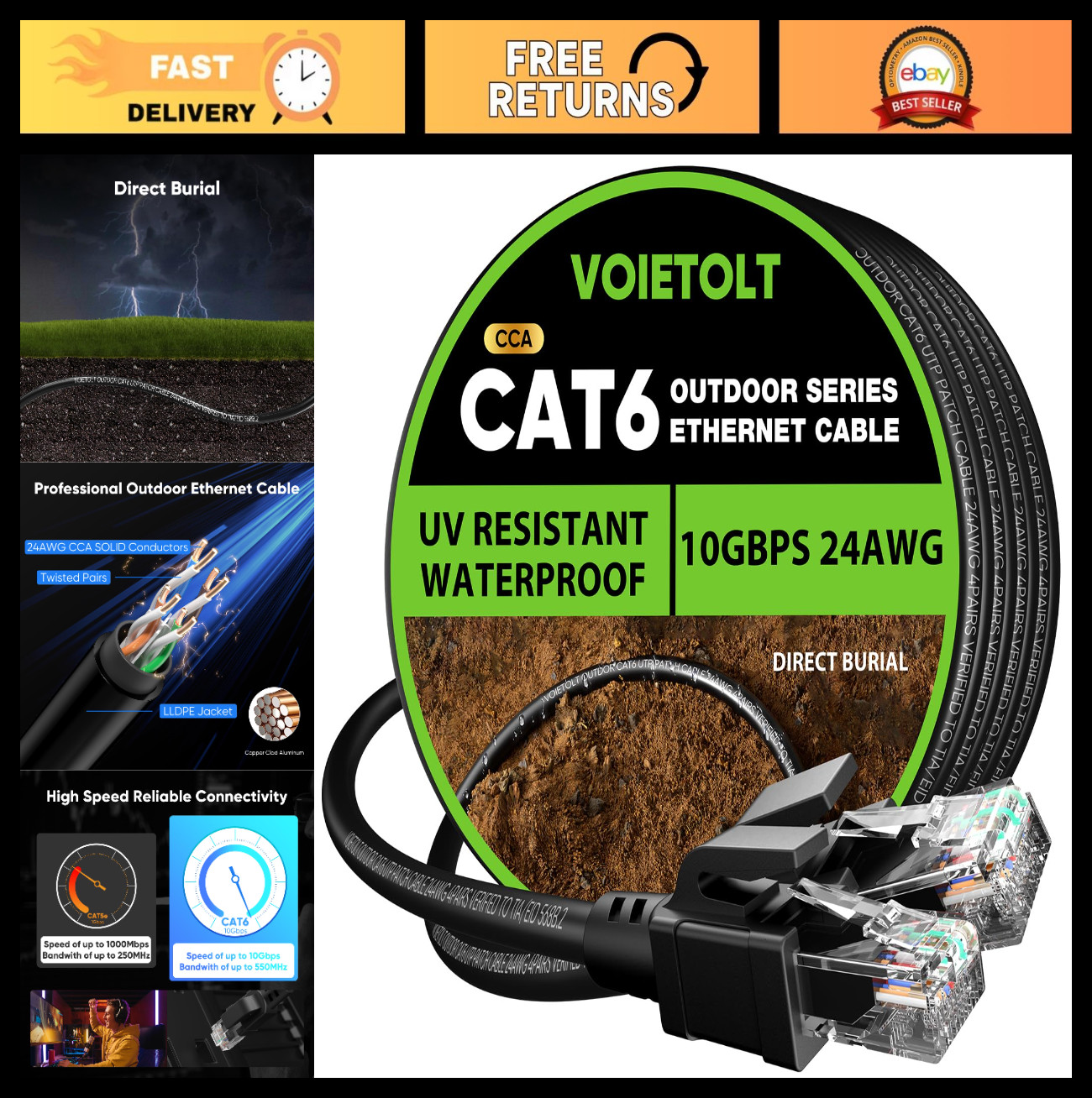 100ft Cat 6 Outdoor Ethernet Cable, 10Gbps Waterproof Direct Burial, UV Jacket,