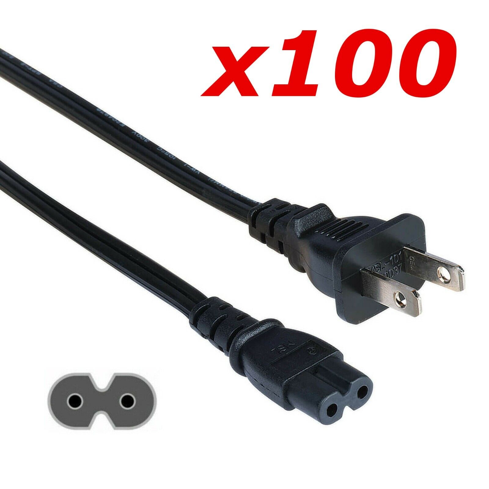 100 Pack 6ft Two Prong AC Power Cord Cable NEMA 1-15P C7 for Laptop PS3 PS4 DVR