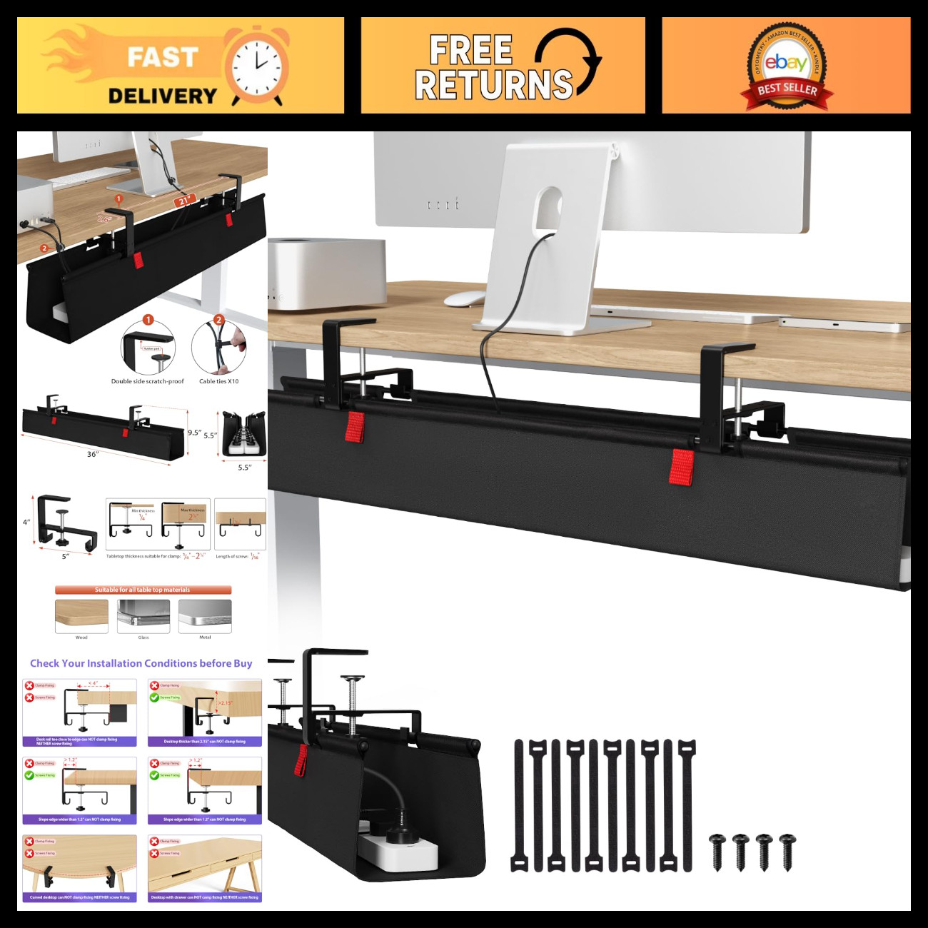 No Drill Under Desk Cable Management Tray - 36 Inch Organizer for Cables & Wires