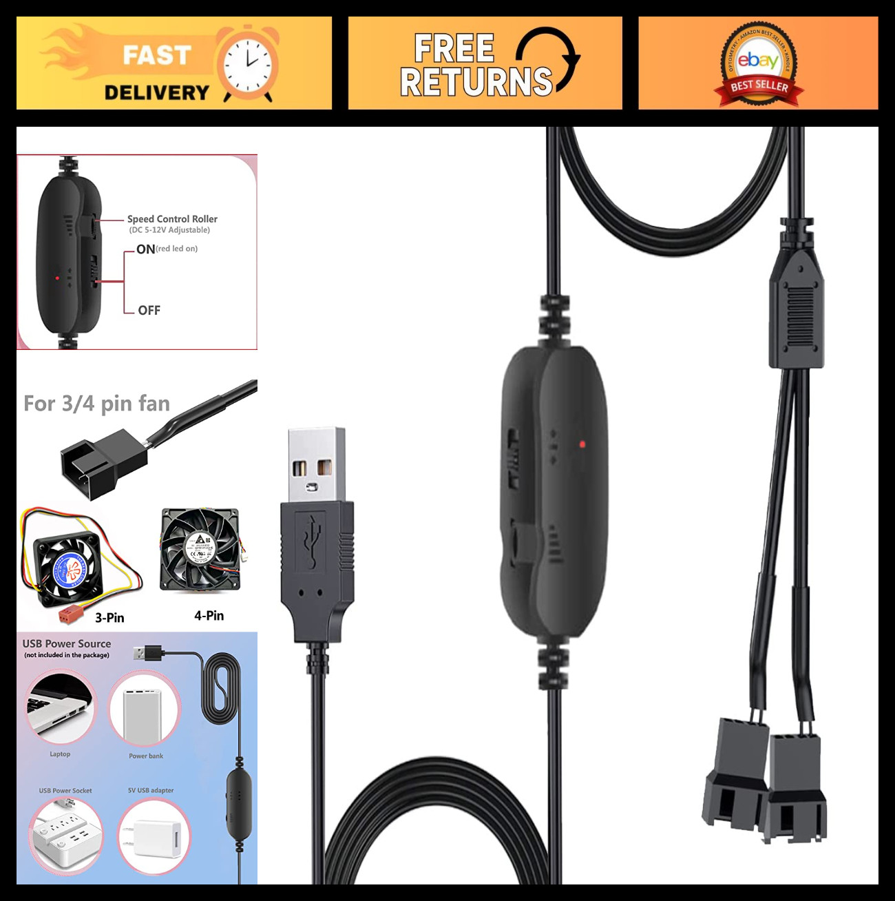 8W DC 12V PC Cooling Fan Speed Controller, USB Dual 3-Pin 4-Pin Adapter, 5-12V S