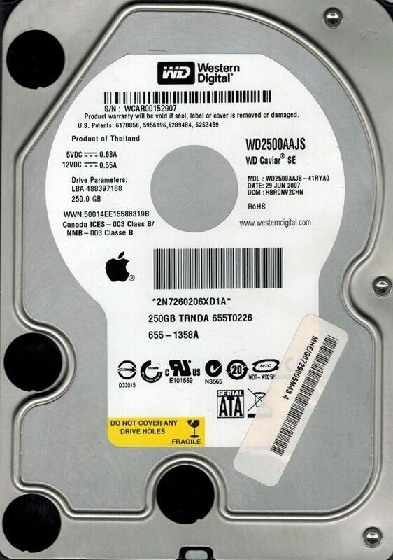Western Digital WD2500AAJS-41RYA0 250GB DCM: HBRCNV2CHN MAC: 655-1358A