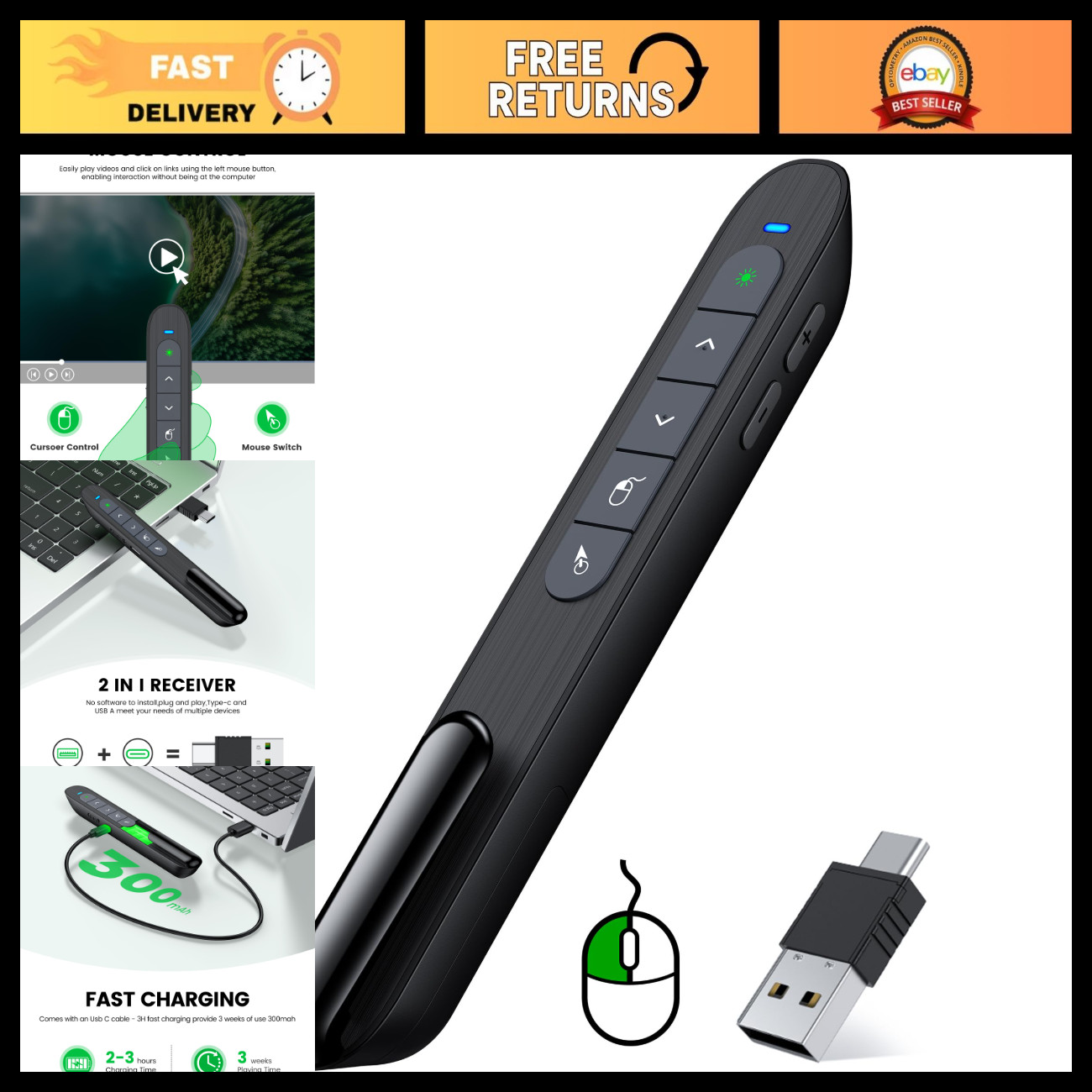 Wireless Presentation Clicker with Air Mouse, 2.4GHz Rechargeable USB-A/USB-C, P