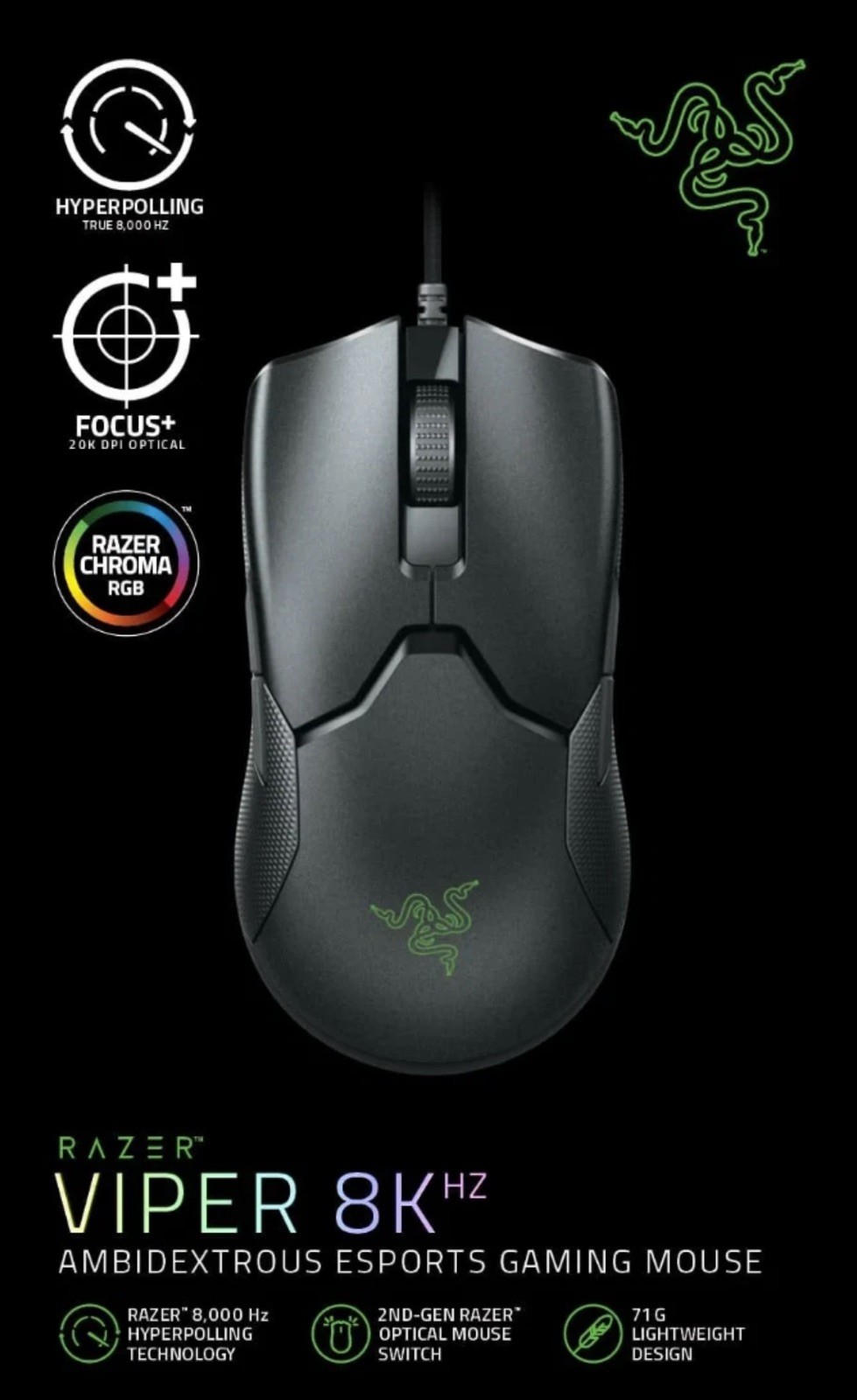 RAZER VIPER 8KHz E-SPORT GAMING MOUSE 20000 DPI AMBIDEXTROUS RGB BLACK BRAND NEW