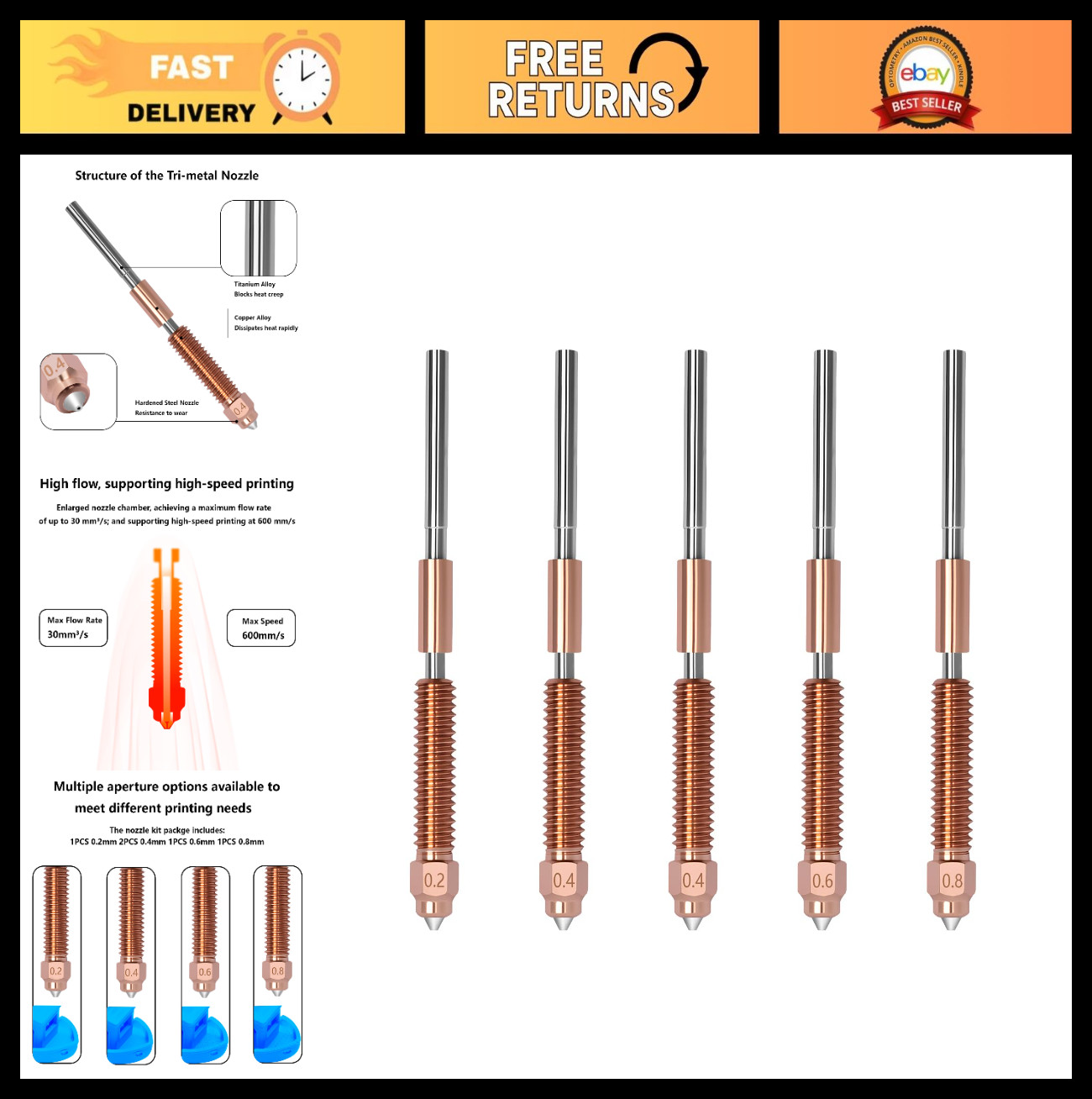 5PCS Quick-Swap Nozzle Kits, All-Metal 0.2/0.4/0.6/0.8MM for 3D Printers, Titani