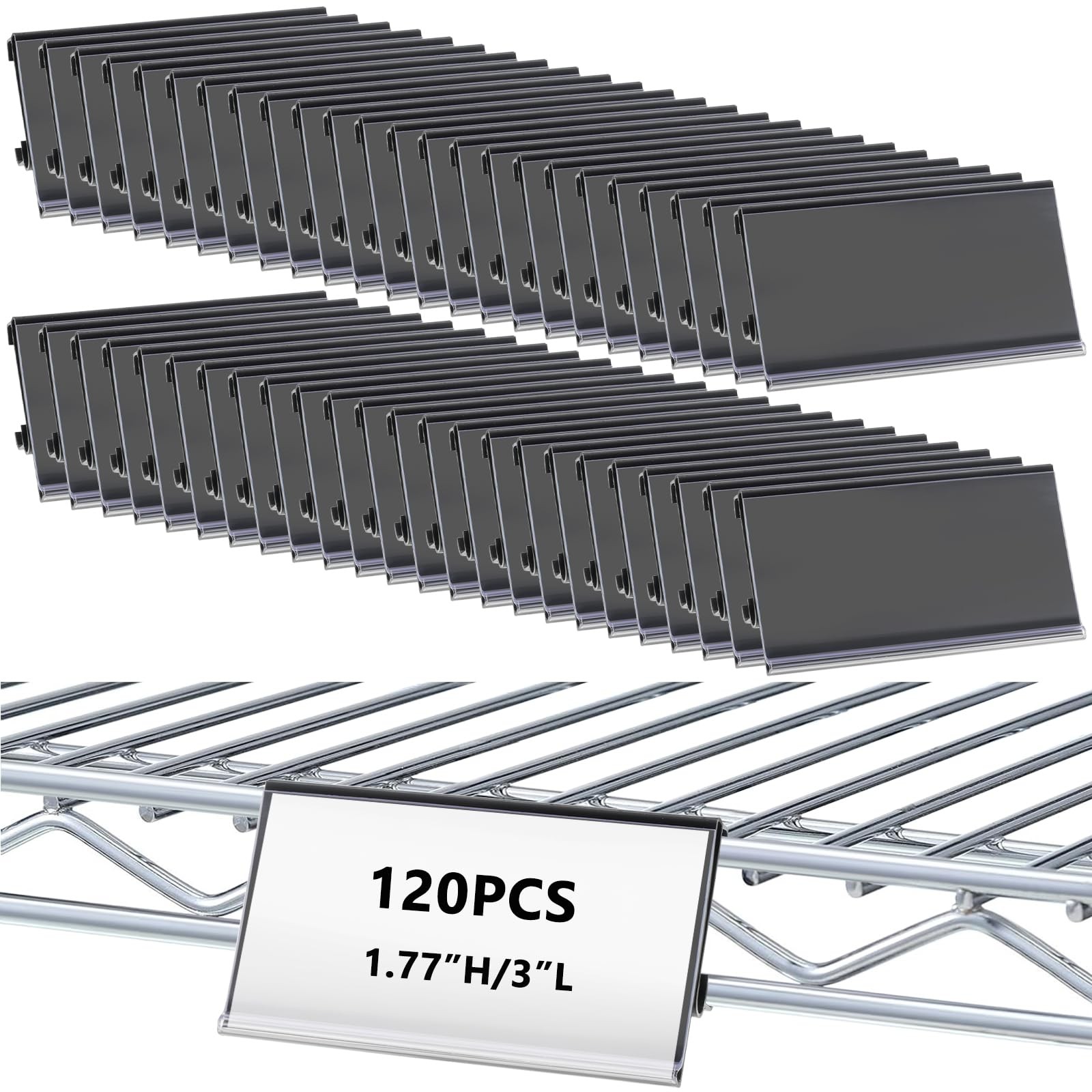 120 PCS Wire Shelf Label Holders For Metro 11/4 Inch 3x1.25 Inch Rack Black