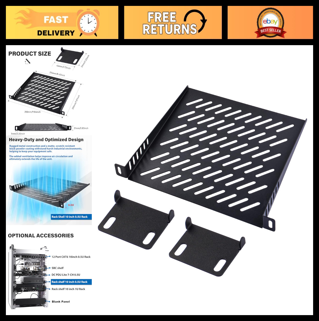 Vented 0.5U Server Rack Shelf - 7.87" Depth Cantilever Tray for 10" Network Rack