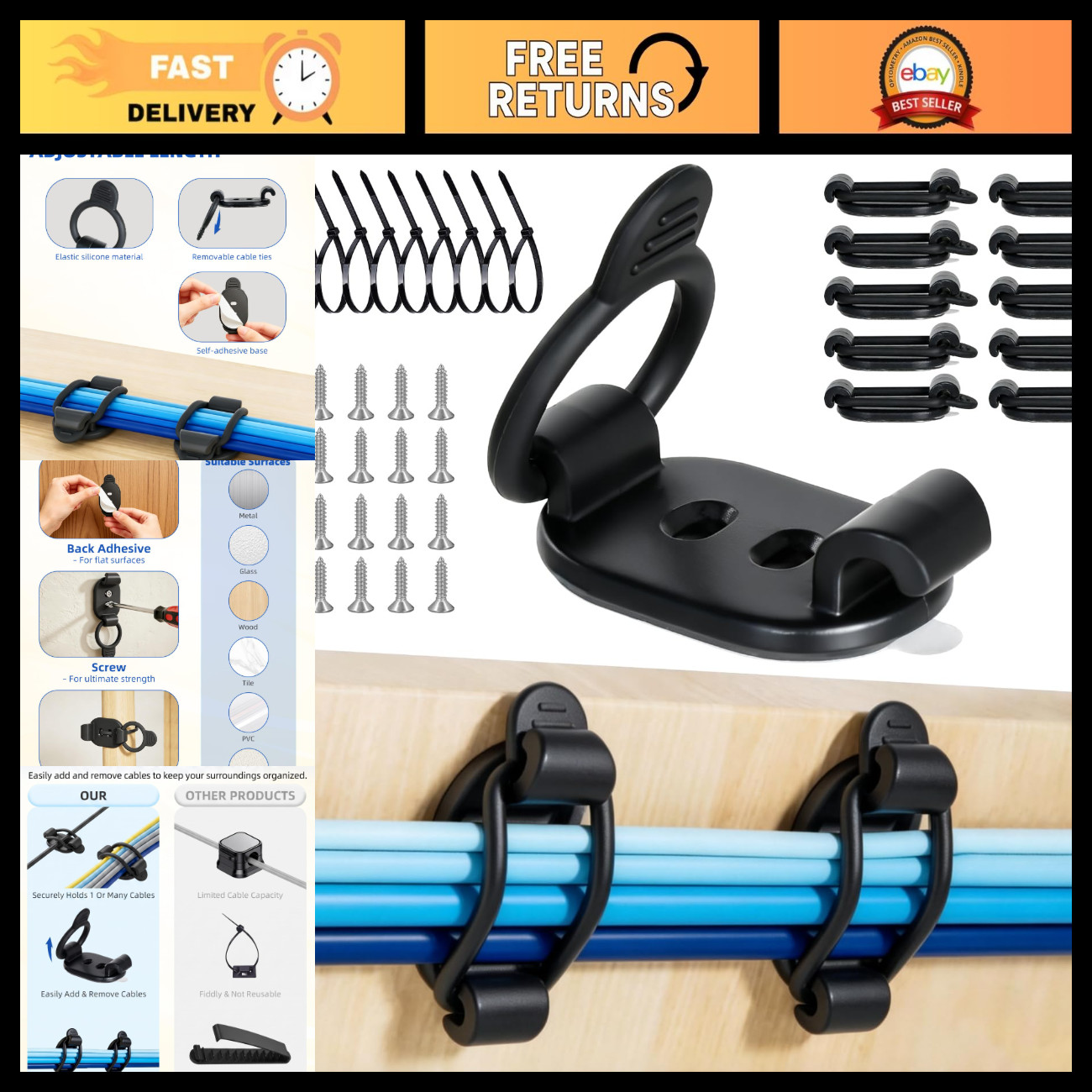 10 Pack Adjustable Adhesive Cable Clips - Black Cable Management Organizer