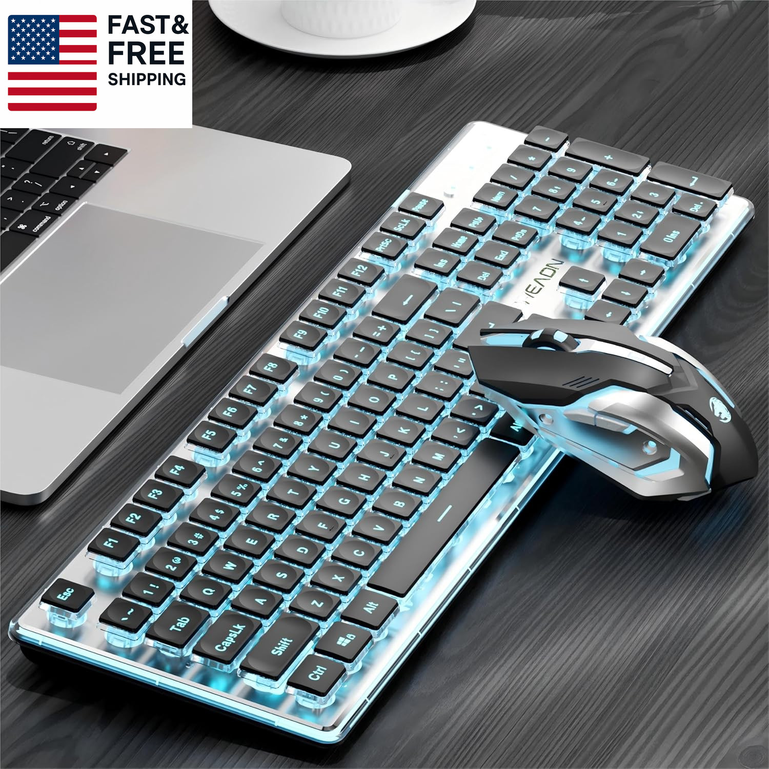 V3 Wireless Keyboard and Mouse with Blue Backlit, Metal Panel, Bluetooth/2.4G