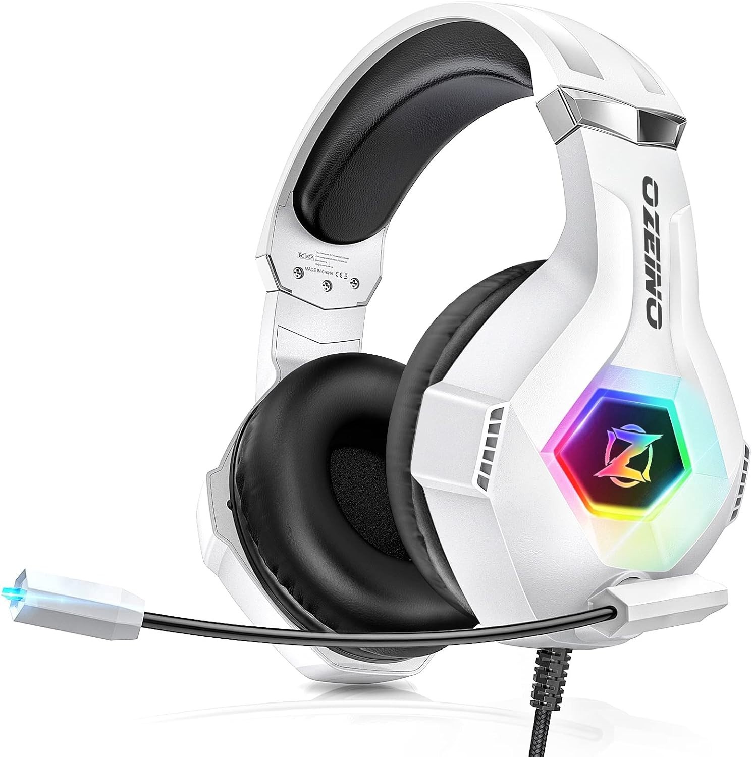 Over-Ear Gaming Headset with Adjustable Mic & RGB Lights - White