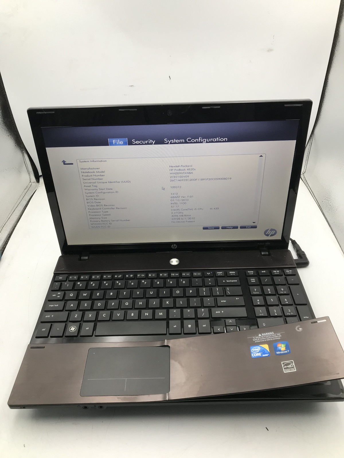HP PROBOOK 4520s - INTEL I5 M430 - 4GB RAM - BOOTS TO BIOS - READ DESCRIP - BB