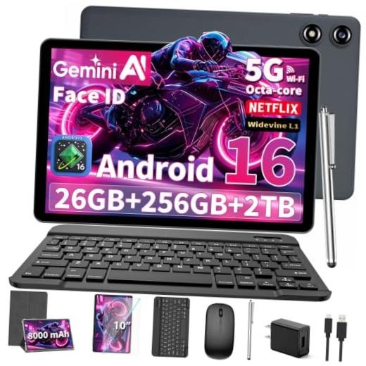 10 inch Tablet with Keyboard - 2026 Gemini AI Android 16 Tablet,Silver Case