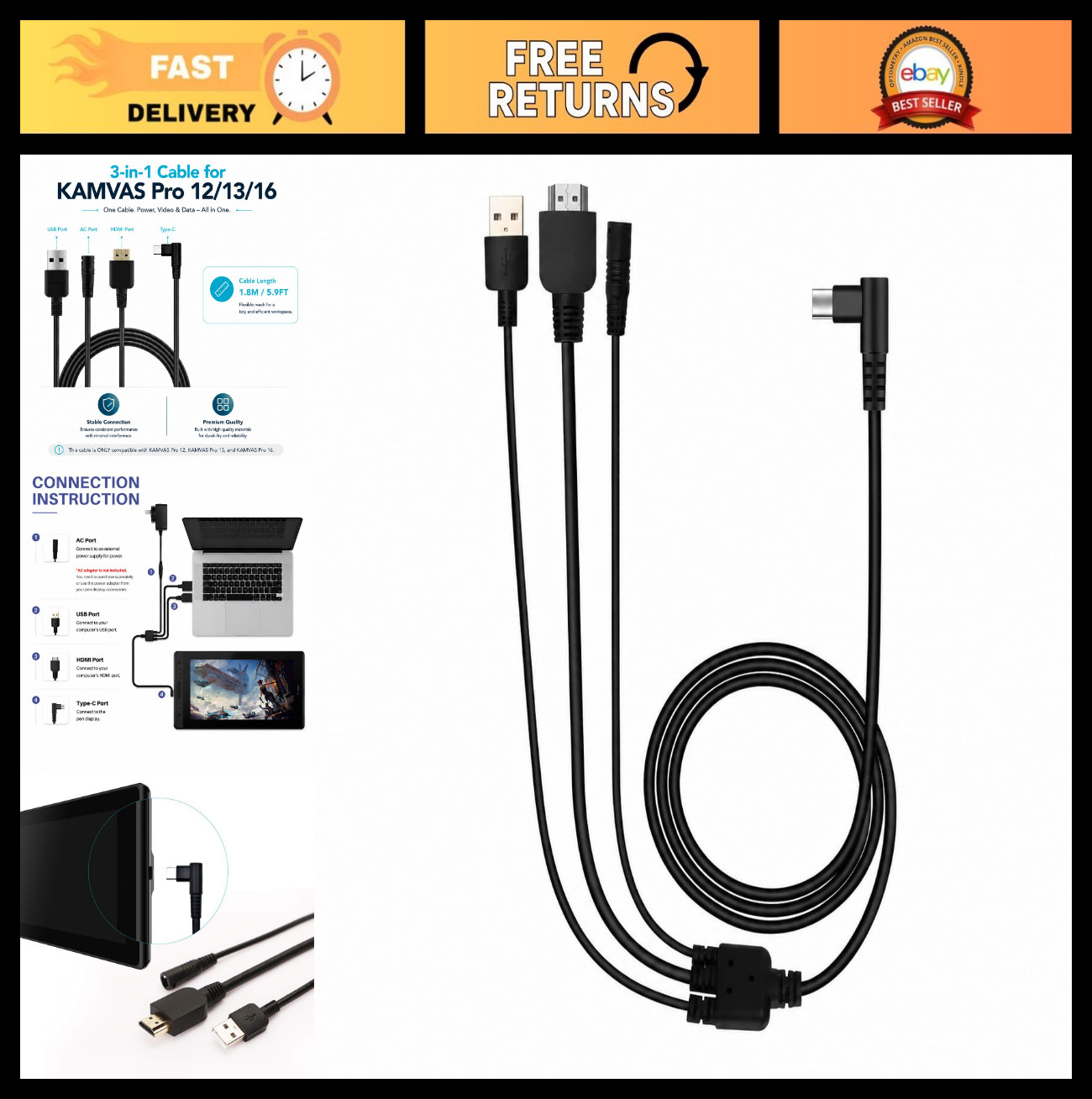 3-in-1 Cable for Graphic Drawing Monitor Huion KAMVAS Pro 12/13/16 - High-Speed,