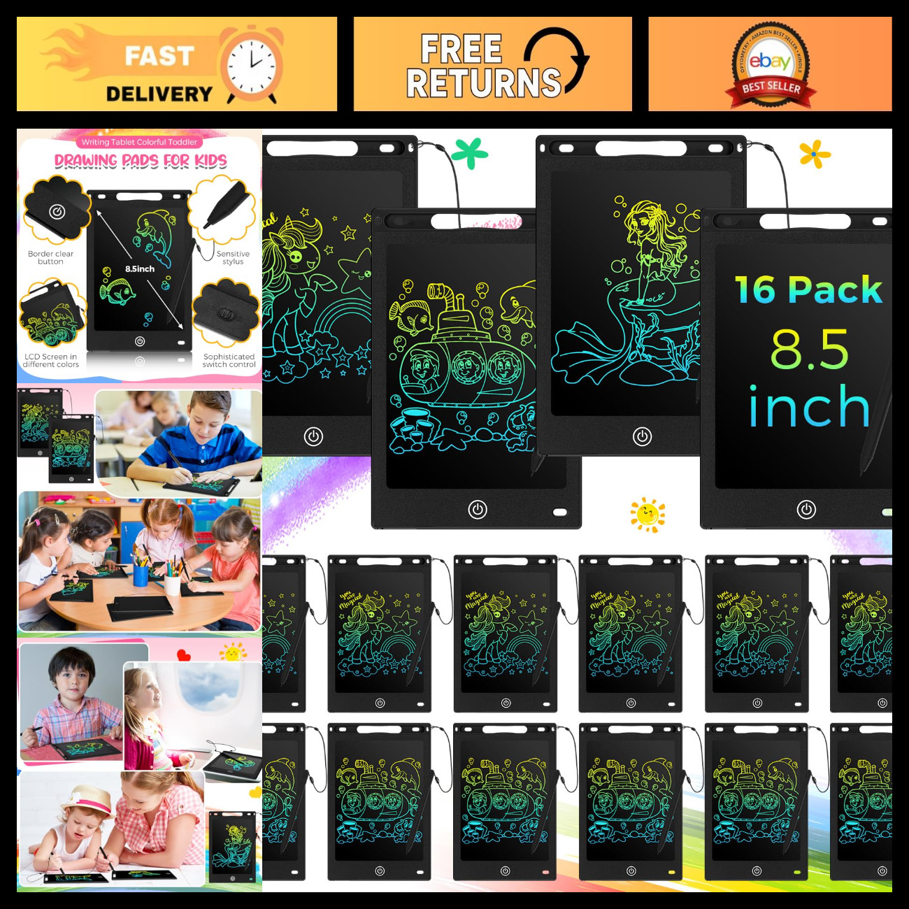 16 Pack LCD Writing Tablets - Reusable Drawing Pads for Kids & Adults, Black