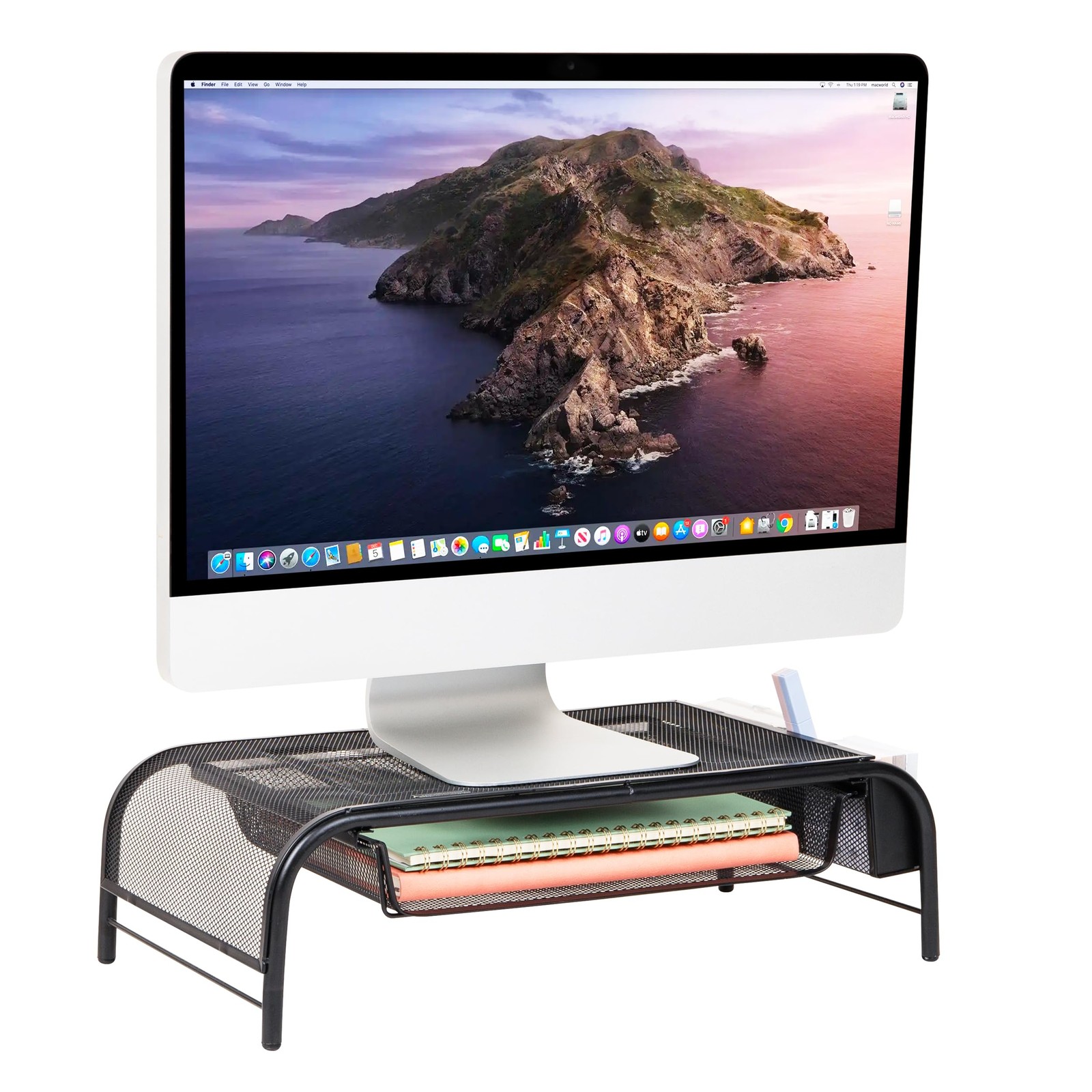 Monitor Stand, Ventilated Laptop Riser, Paper Tray, Storage, Office, Metal Me...