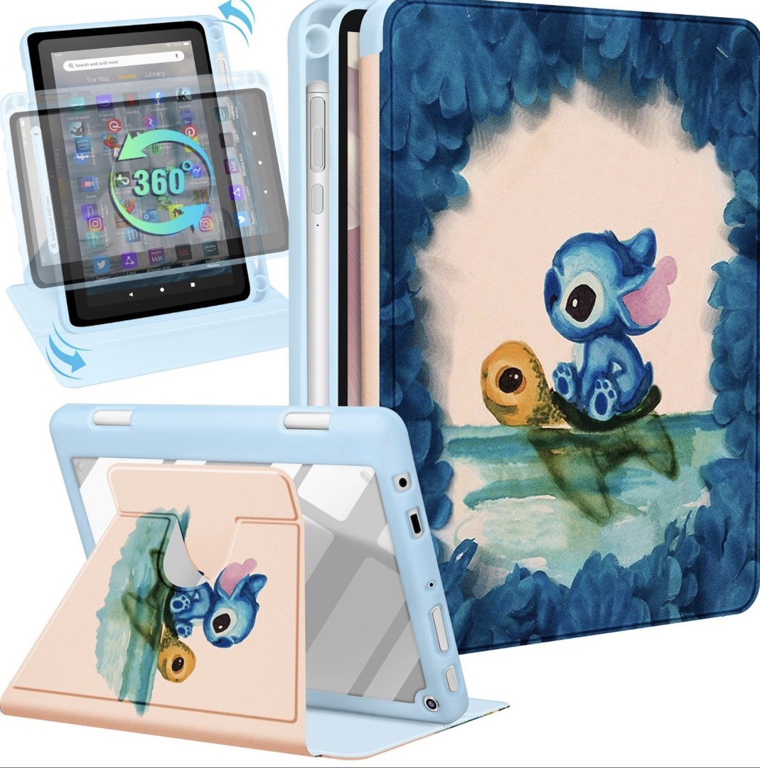 Amazon Kindle Fire HD8, 8 Plus, 12/10 Gen, 360 Rotating Folio Stand, Pencil Blue