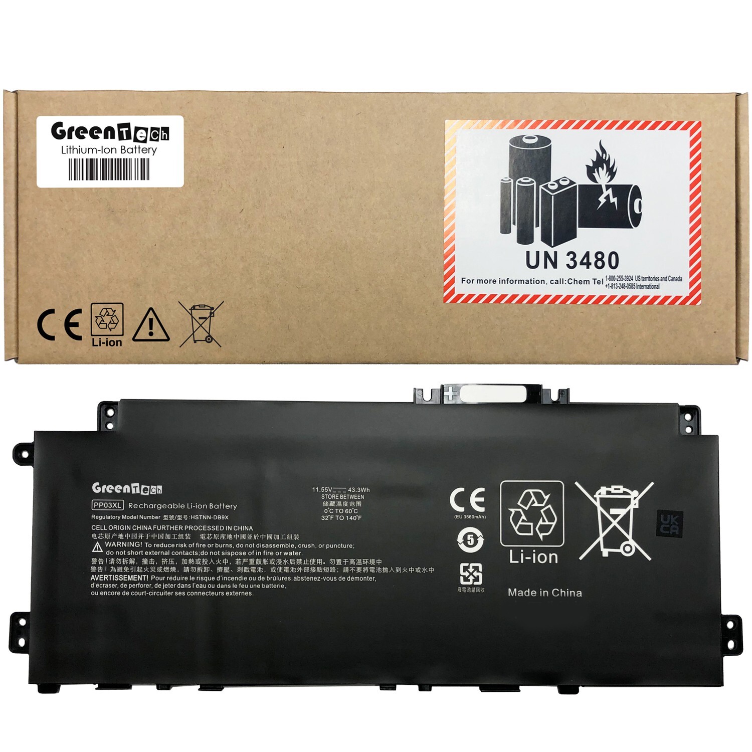 GREENTECH PP03XL M01144-005 BATTERY FOR HP PAVILION X360 14-DW 43.3WH HSTNN-LB8S
