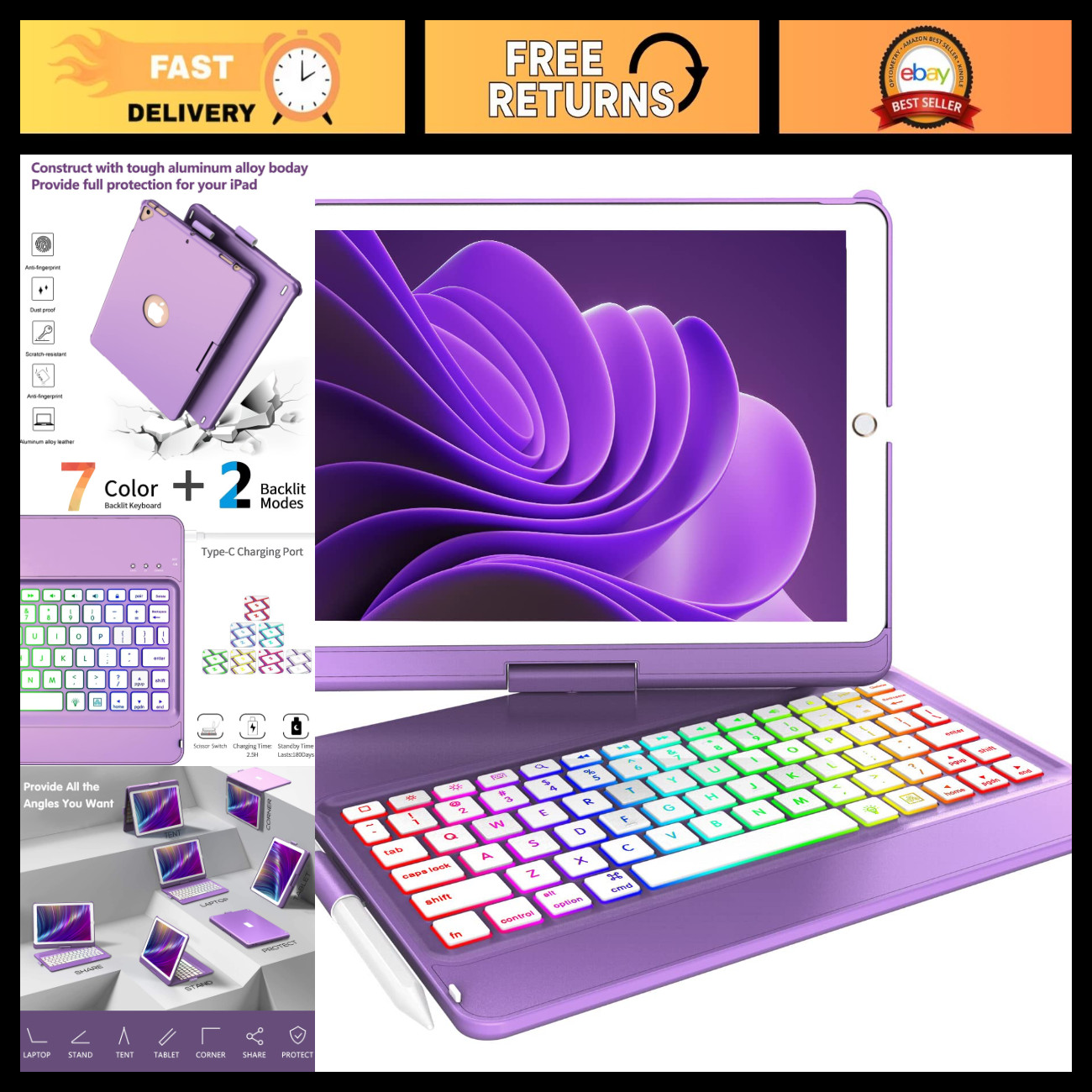 iPad 10.2" Keyboard Case - Compatible with 9th/8th/7th Gen, Purple, Slim & Light