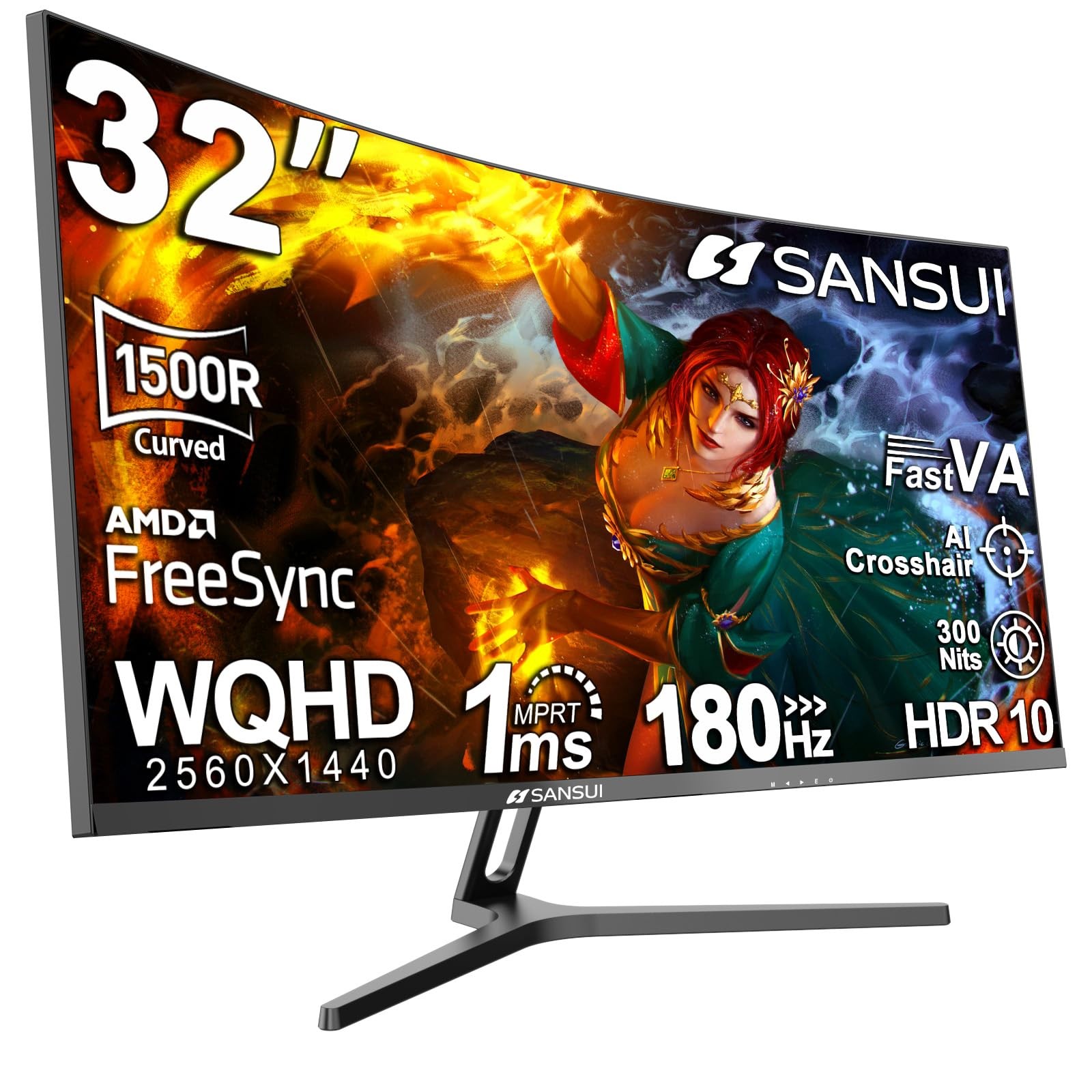 32-Inch Curved Gaming Monitor WQHD 2560 x 1440 180Hz Curved 1500R -Fast VA,1m...