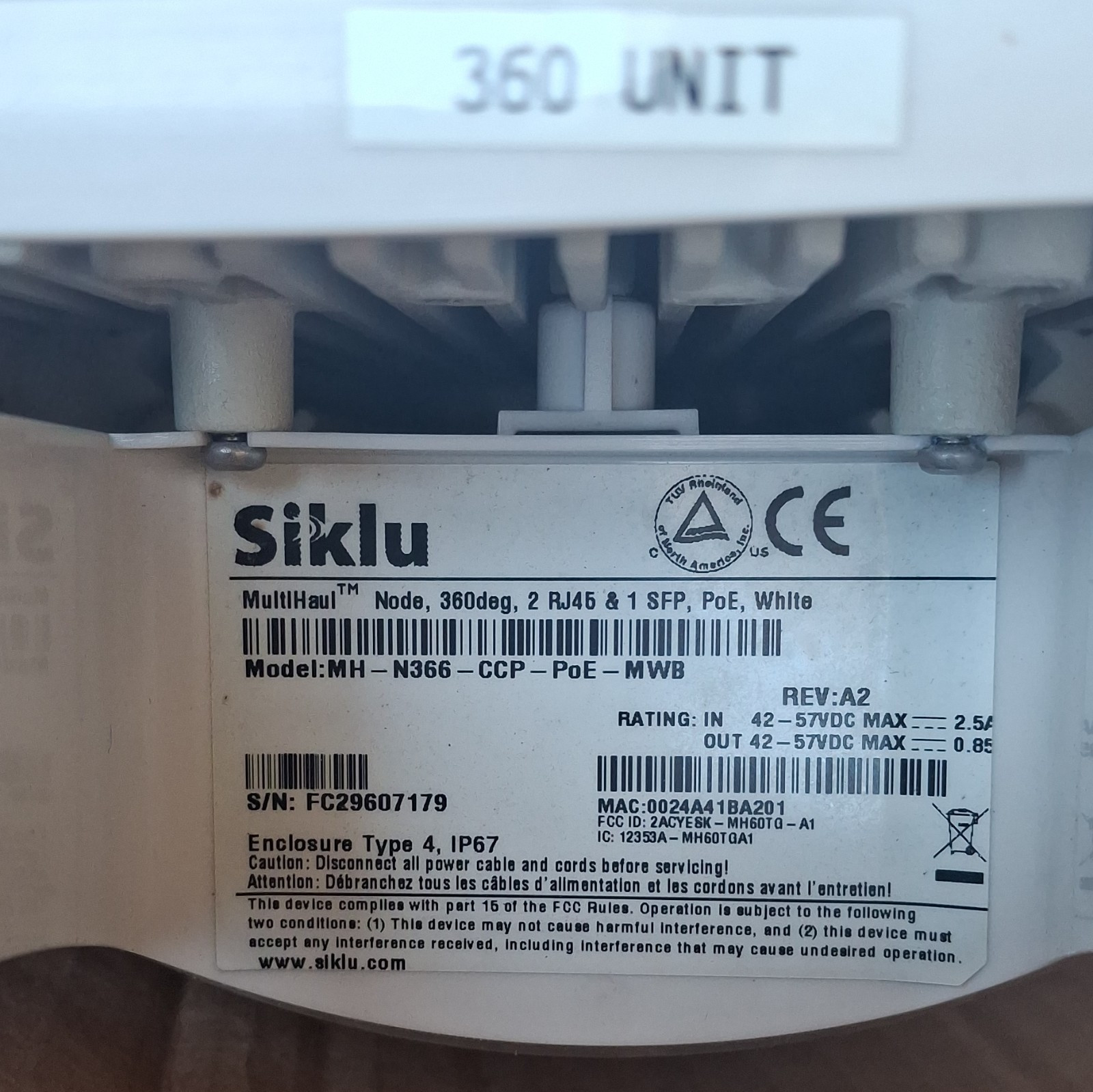 Siklu MultiHaul MH-N366-CCP-PoE-MWB 360° Omni Node PoE RJ-45 SFP