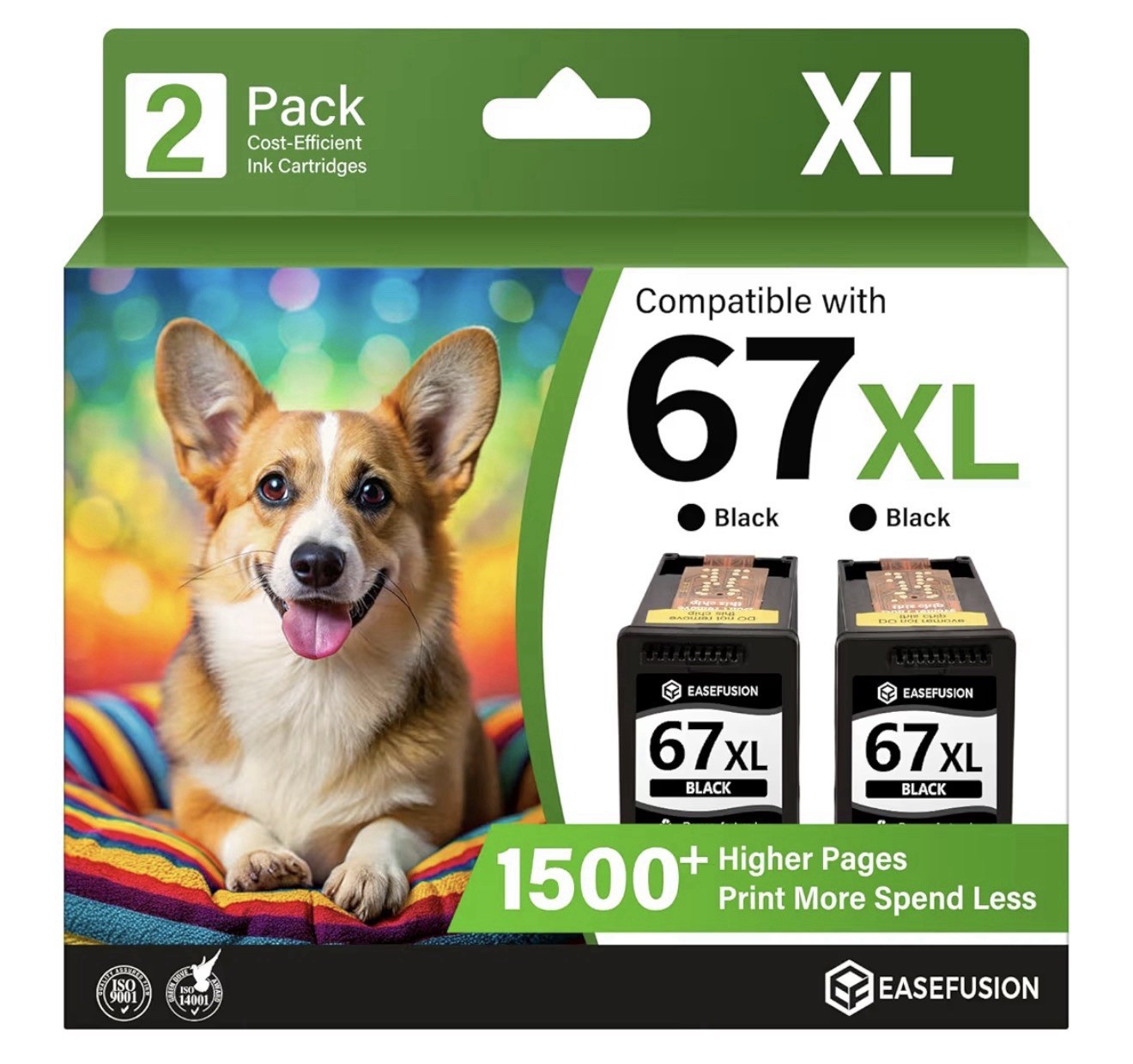 Reman EaseFusion 67XL Blk Ink Cartridges 2-Pack Replacement for HP DeskJet 2855e