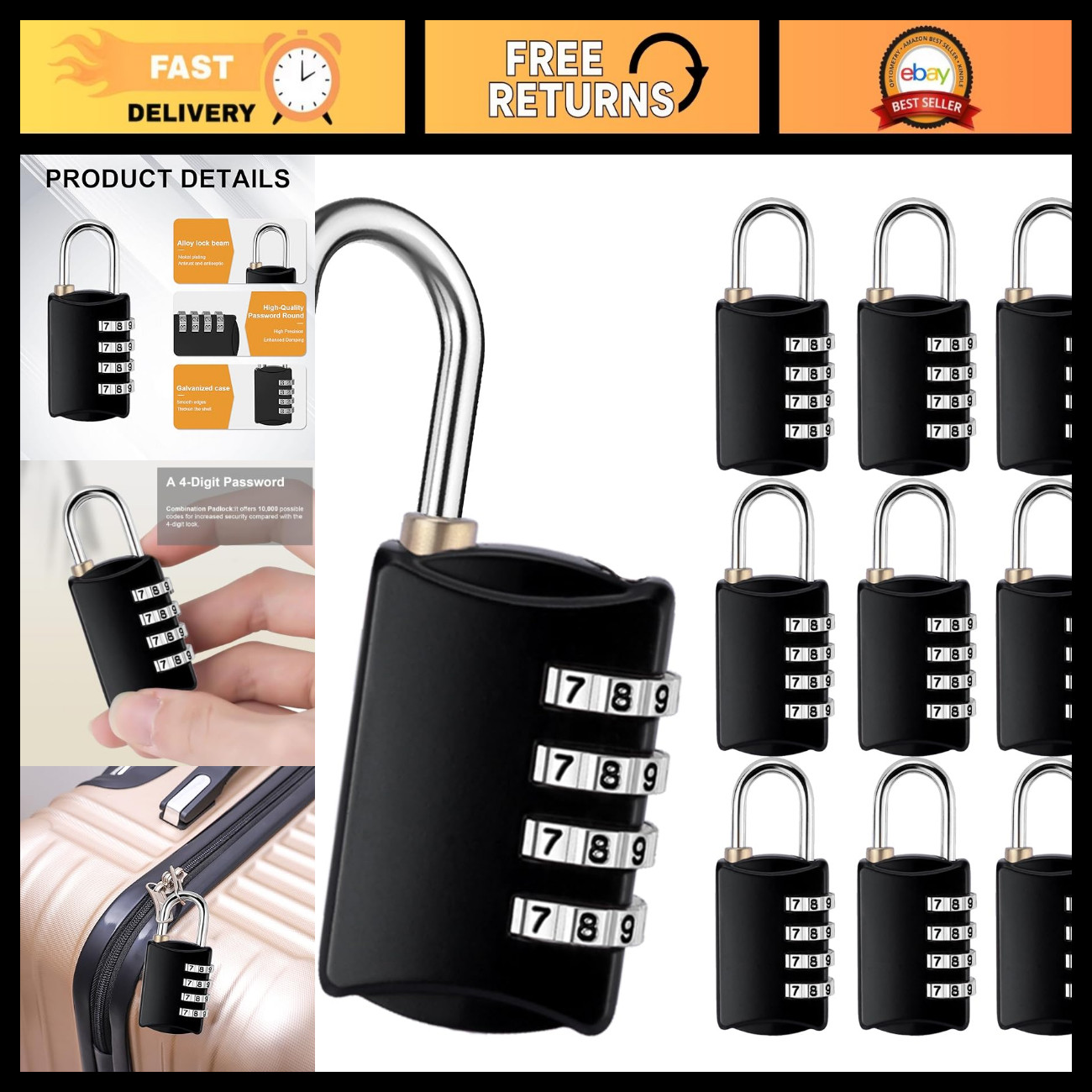 Waterproof 4-Digit Combination Lock - Resettable Padlock, 10 Pack, Security Lock