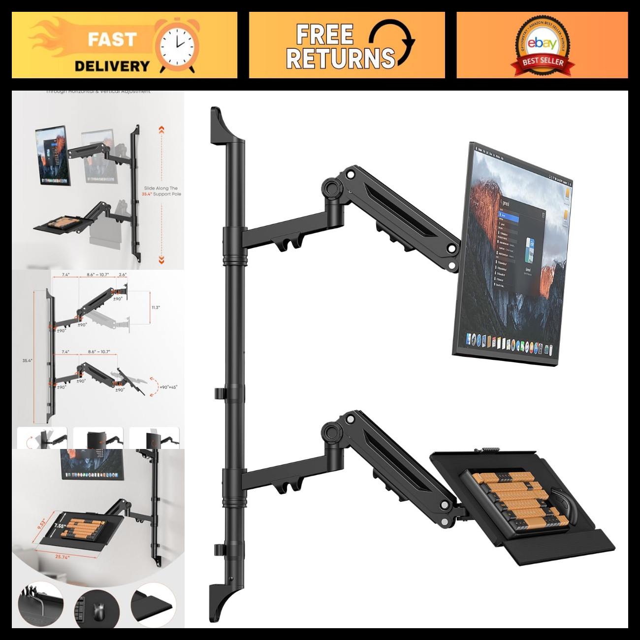 Adjustable Wall Mount Monitor Arm with Keyboard Tray for 17-32 Inch Screens