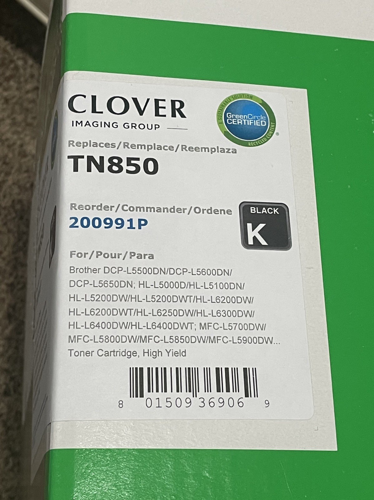 Clover TN850 200991P High Yield Toner Cartridge Black for Brother DCP-L5500DN