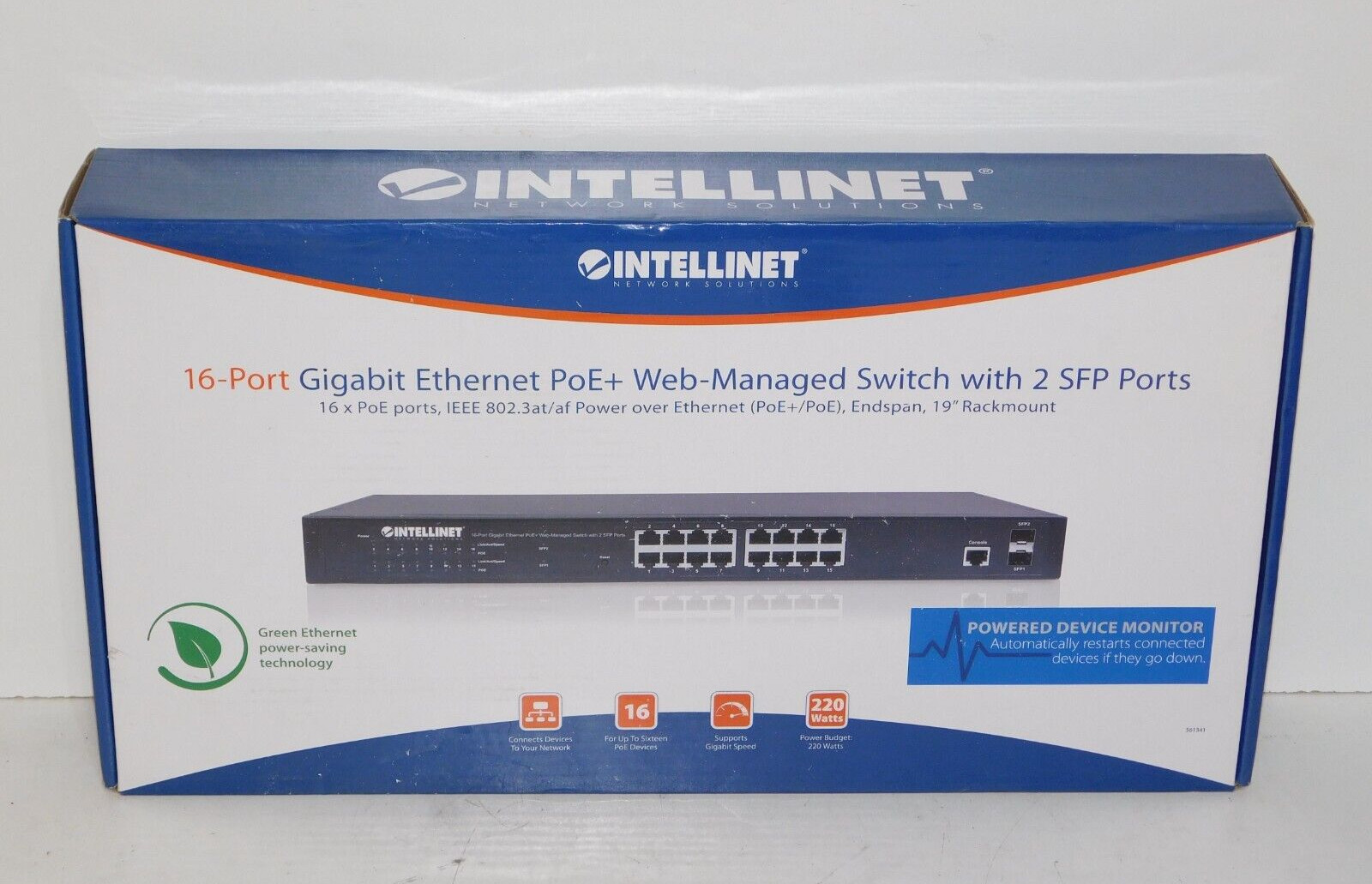 New Intellinet 561341 16 Port Gigabit Ethernet PoE Web Managed Switch 2 SFP Port