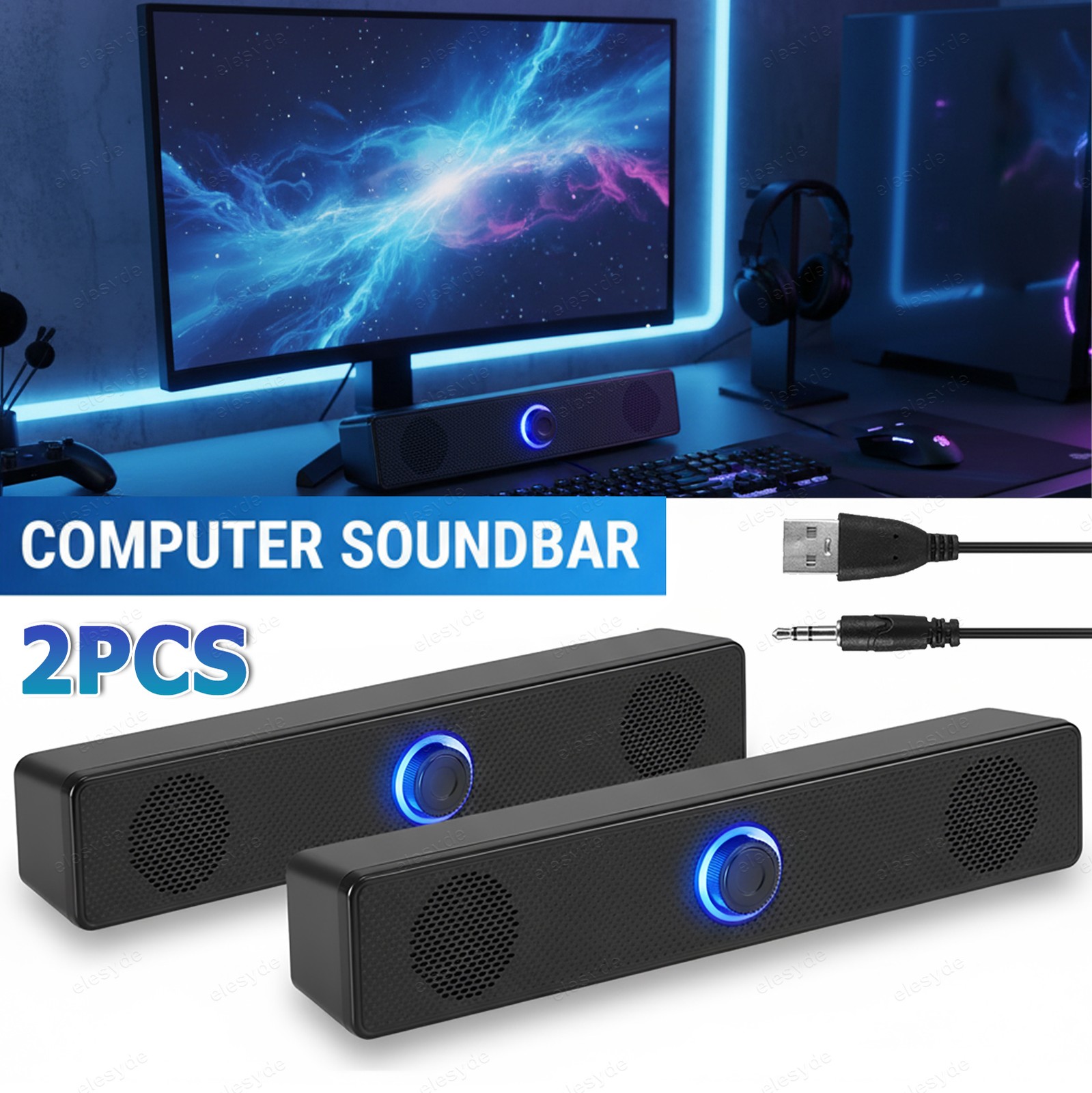 2PCS Stereo Bass Sound Computer Speakers USB Wired Soundbar for Desktop Laptop
