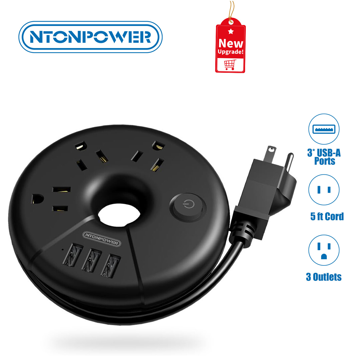 Power Strip with 3Outlets 3USB Charging Station 5ft Extension Cord for Travel