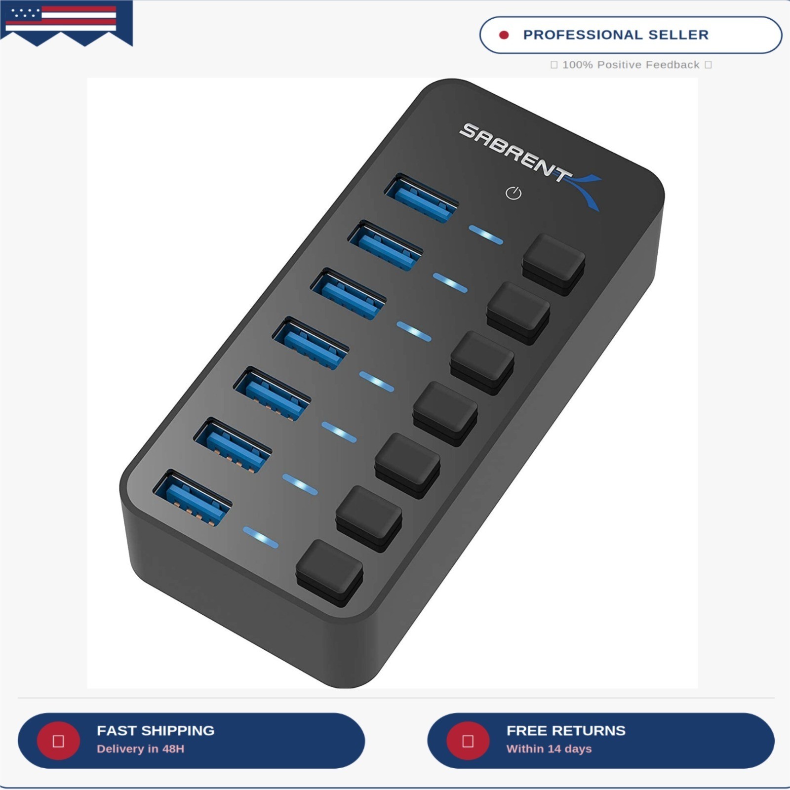 SABRENT 36W 7 Port USB 3.0 Hub with Individual Power Switches and LEDs Includes