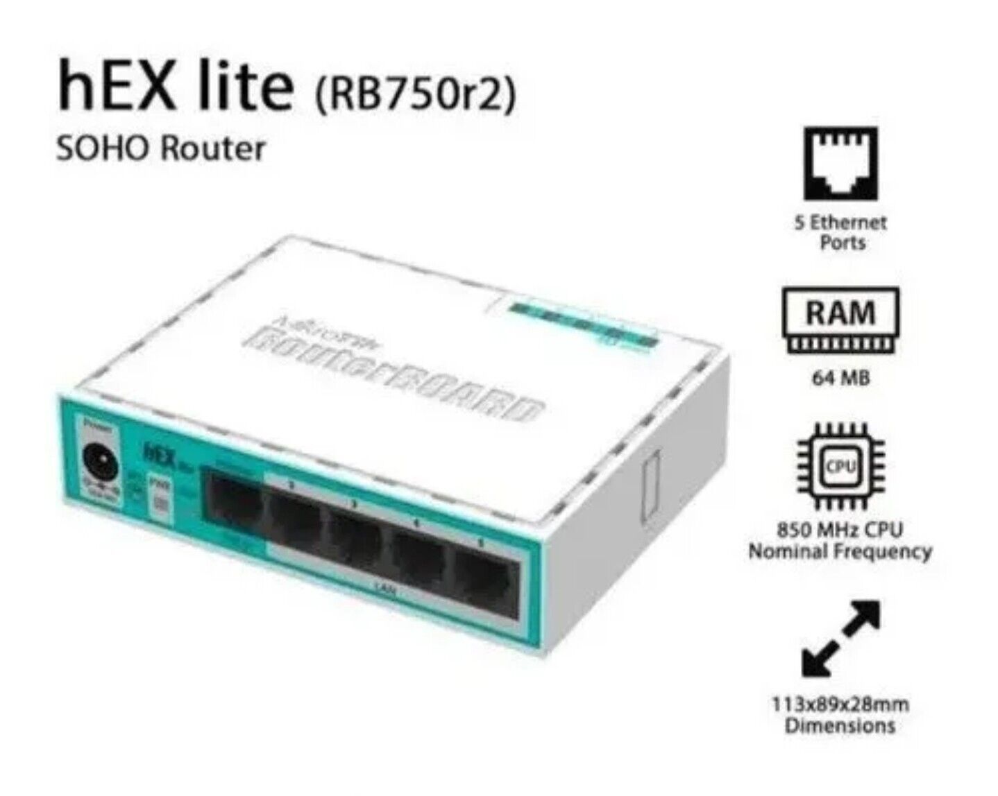 Mikrotik hEX Lite RB750r2 RouterOS L4, 64Mb RAM, 850Mhz CPU (Replace RB750)