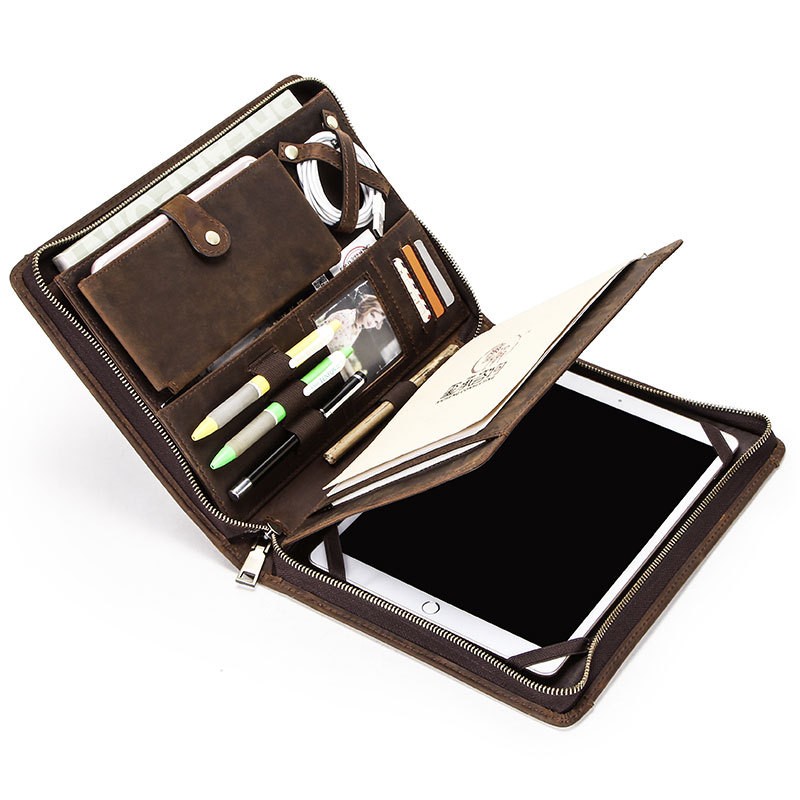 Genuine Leather Tablet Portfolio 10.5 Zipper Case Business Organizer Pen Slot