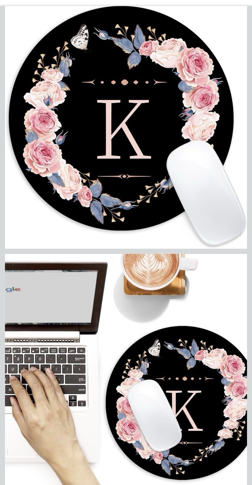Letter K Flower Round Mouse Pad Non-Slip Rubber Base Desktop Mat 8.7" Floral