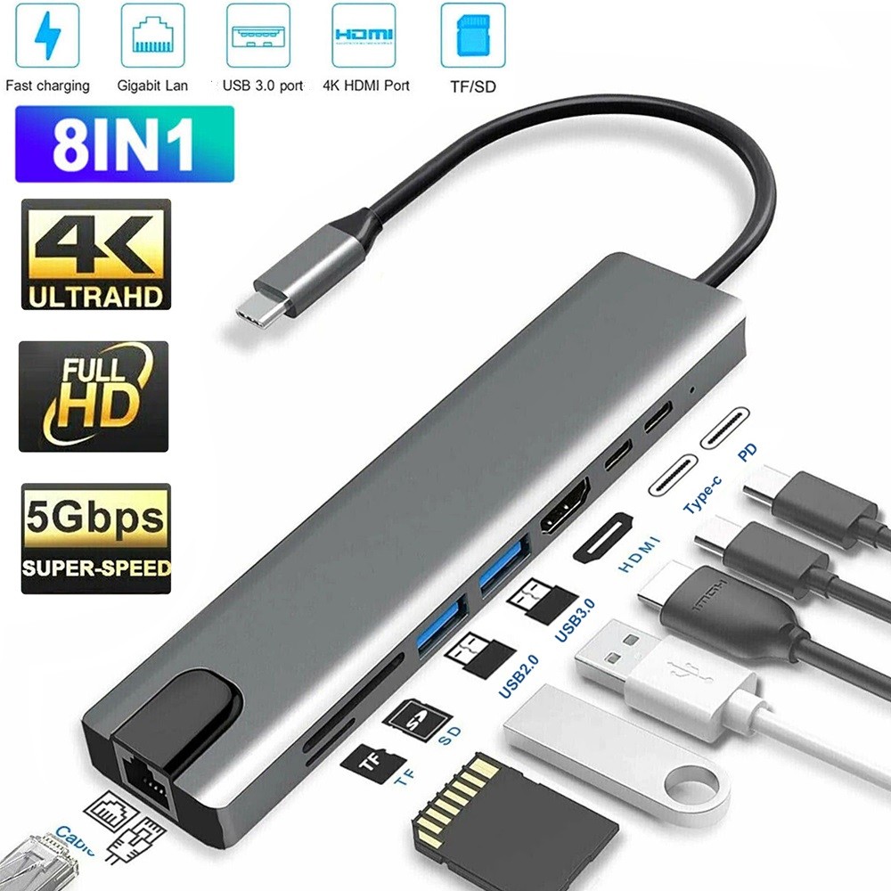 8-in-1 USB-C Hub Adapter Type-C Hub HDMI For MacBook Pro/Air iPad Pro Laptop