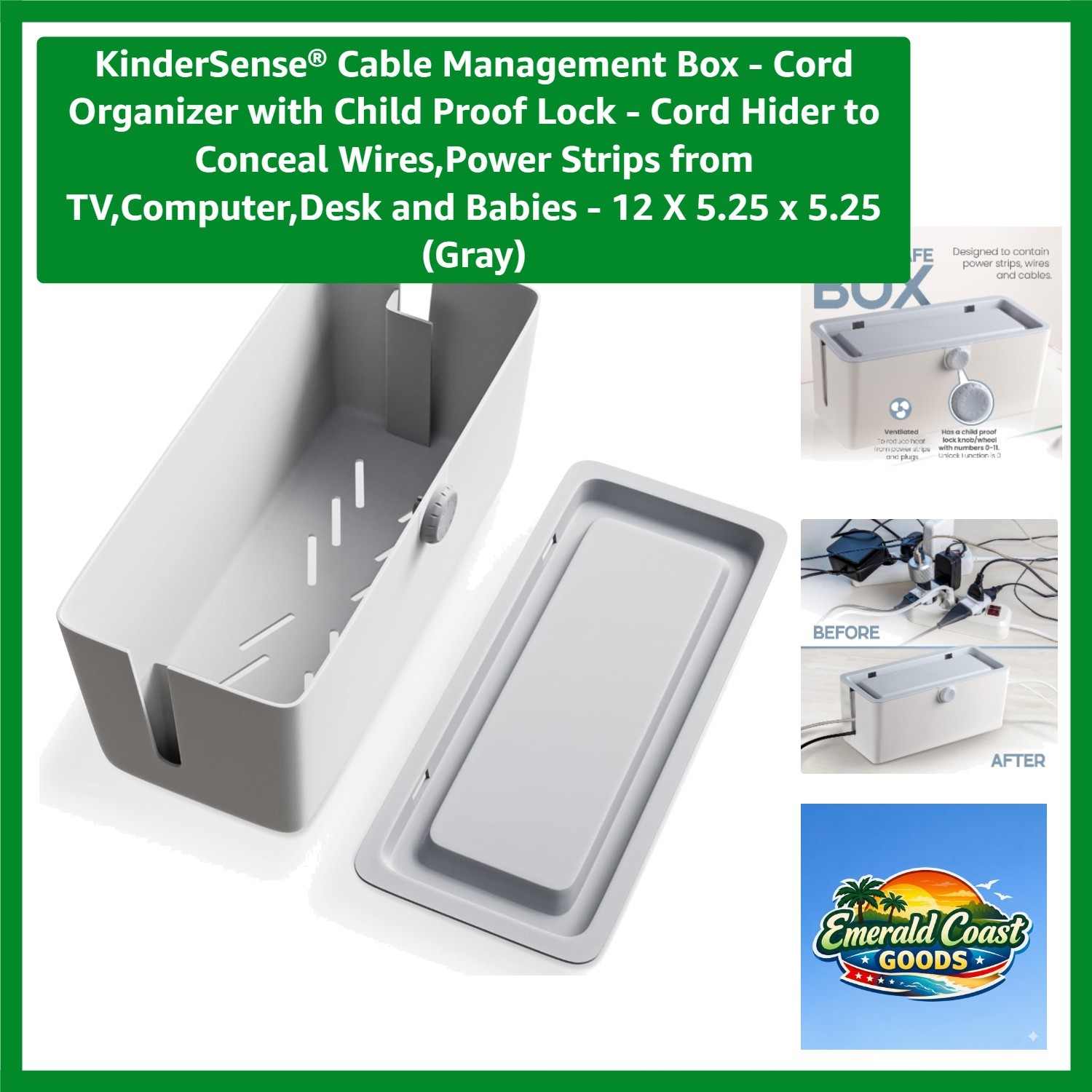 Durable ABS Cable Management Box - Child-Proof & Sleek, 12x5.25 in Gray