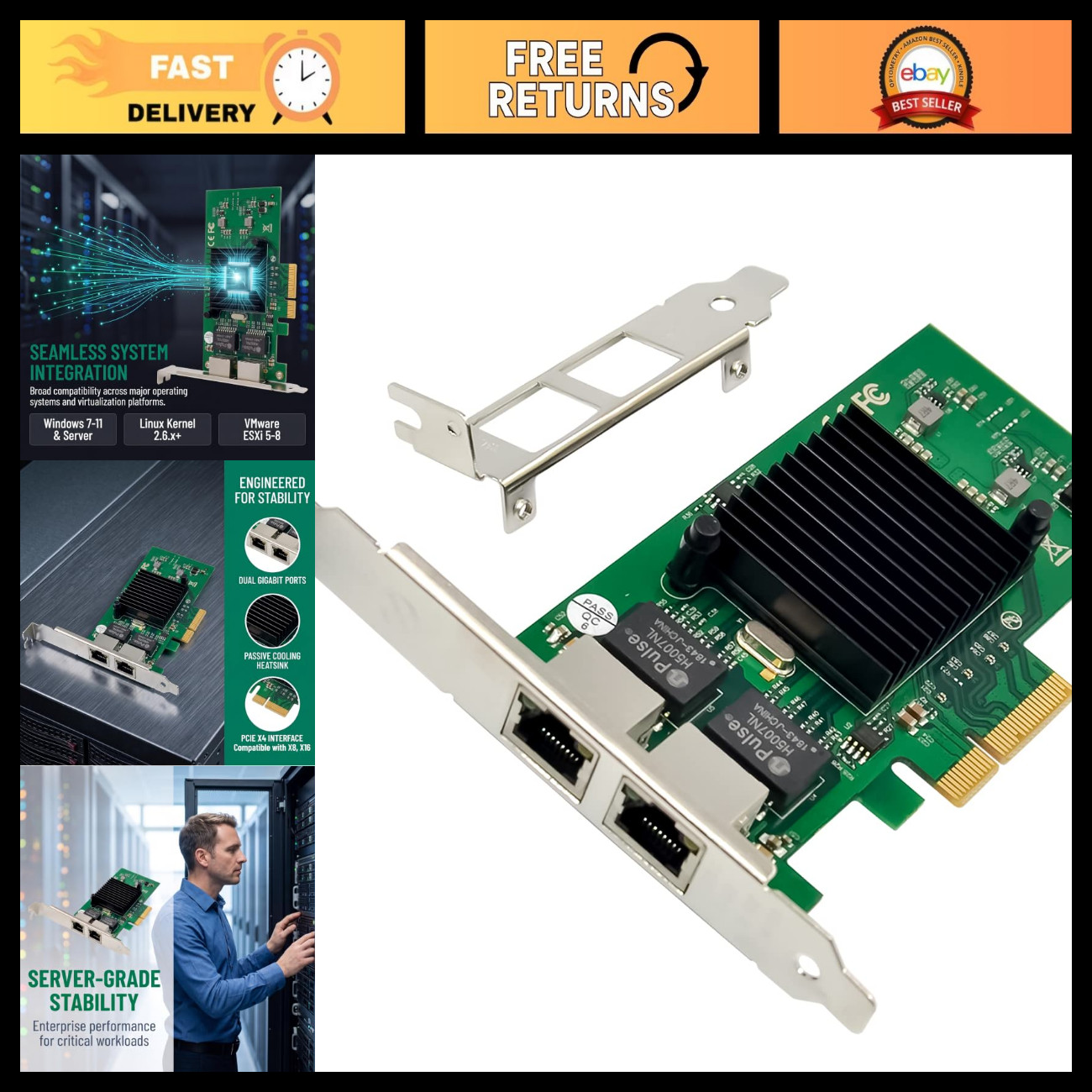 Dual-Port PCIe X4 Gigabit Ethernet Adapter Card, Intel 82576, PXE SR-IOV, Low Pr