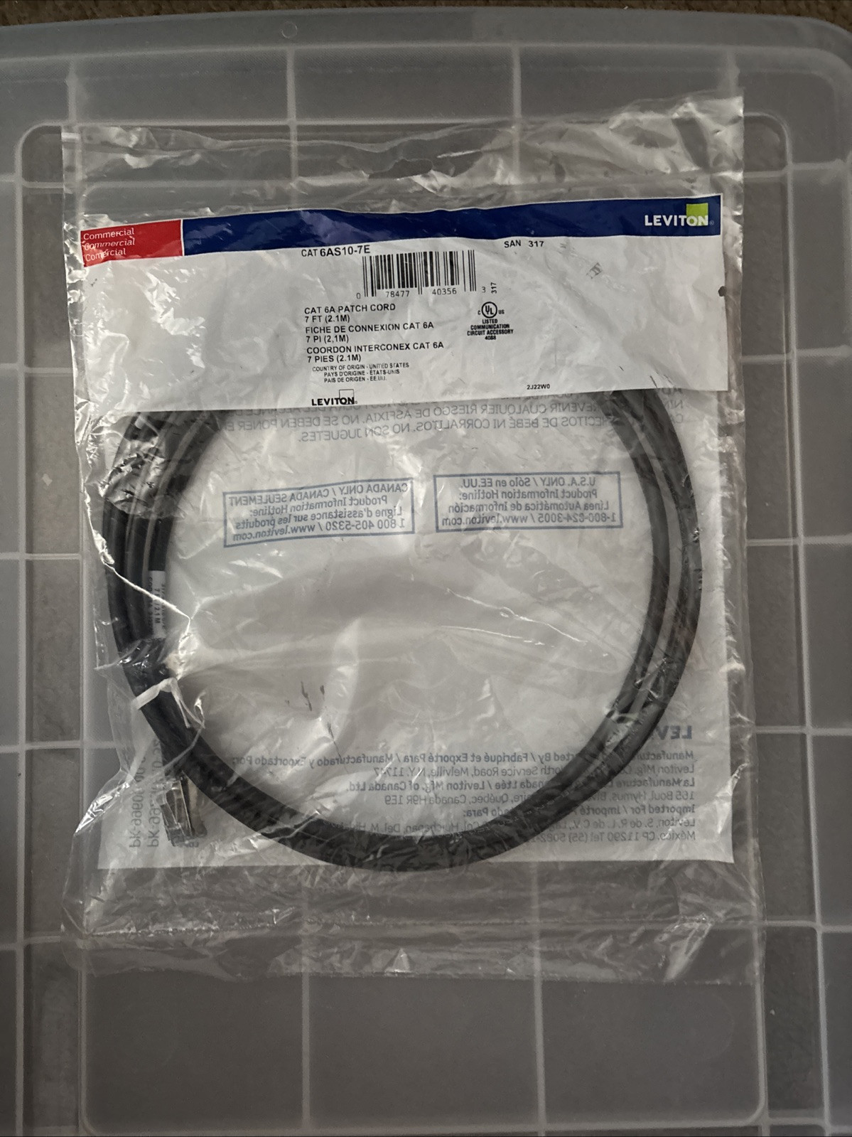 Leviton 6AS10-7E 7FT / 2.1M Cat 6A Black Patch Cable TVS Ethernet